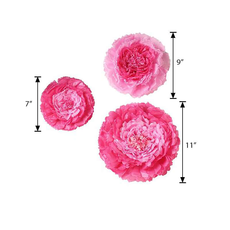 Set of 6 Pink Fuchsia Carnation 3D Paper Flowers Wall Decor - 7,9,11