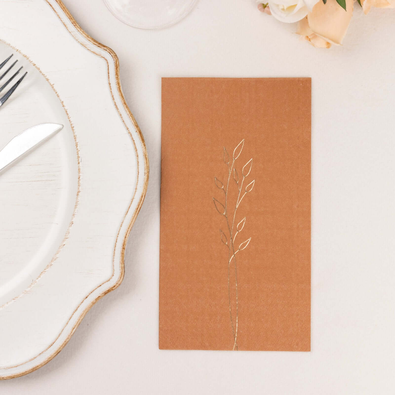 50-Pack Paper Dinner Napkins Terracotta (Rust) with Gold Embossed Leaf - Stylish 2-Ply Disposable Napkins for Weddings 18GSM