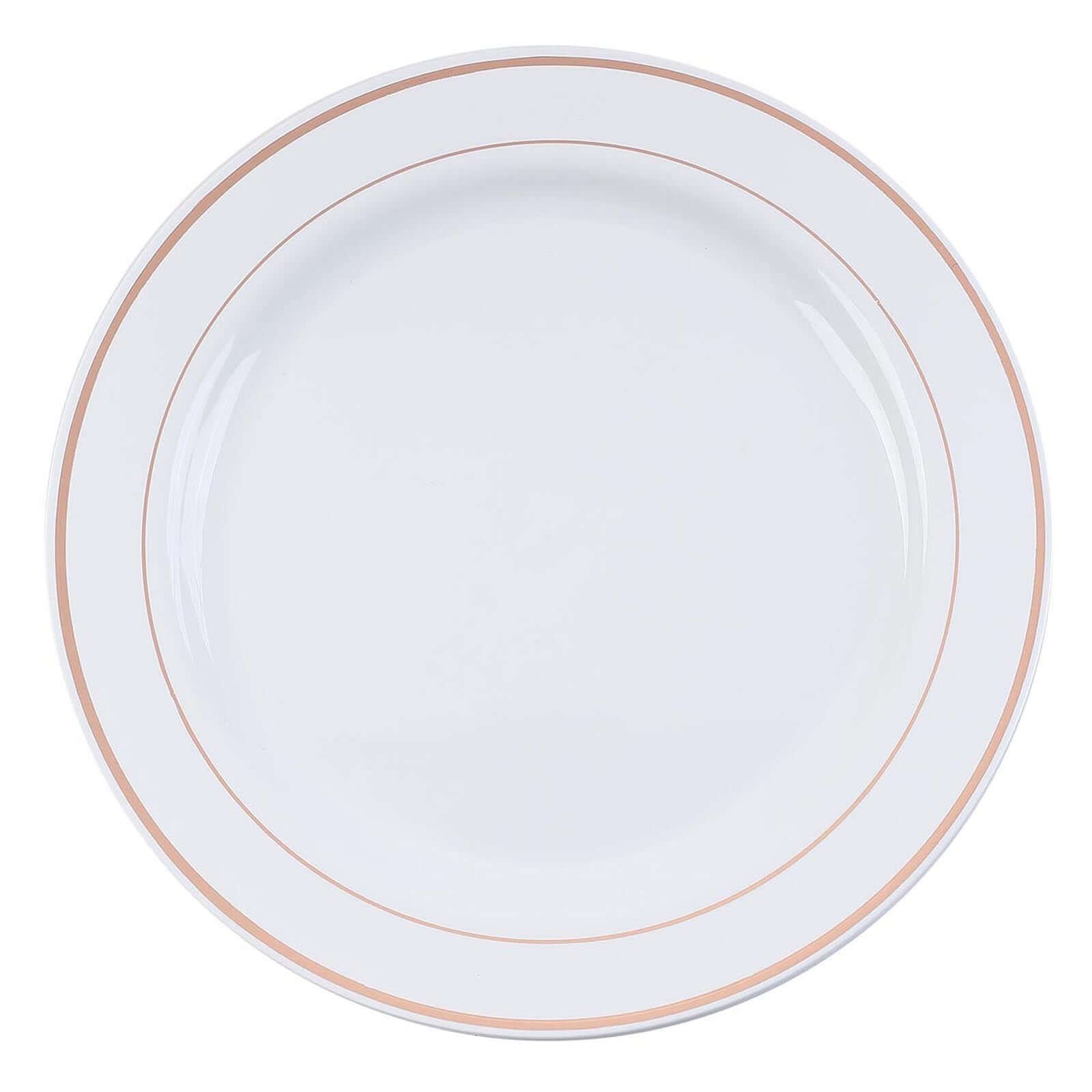 10-Pack Plastic Dessert Plates White with Très Chic Rose Gold Rim - Disposable Plates for Parties 8