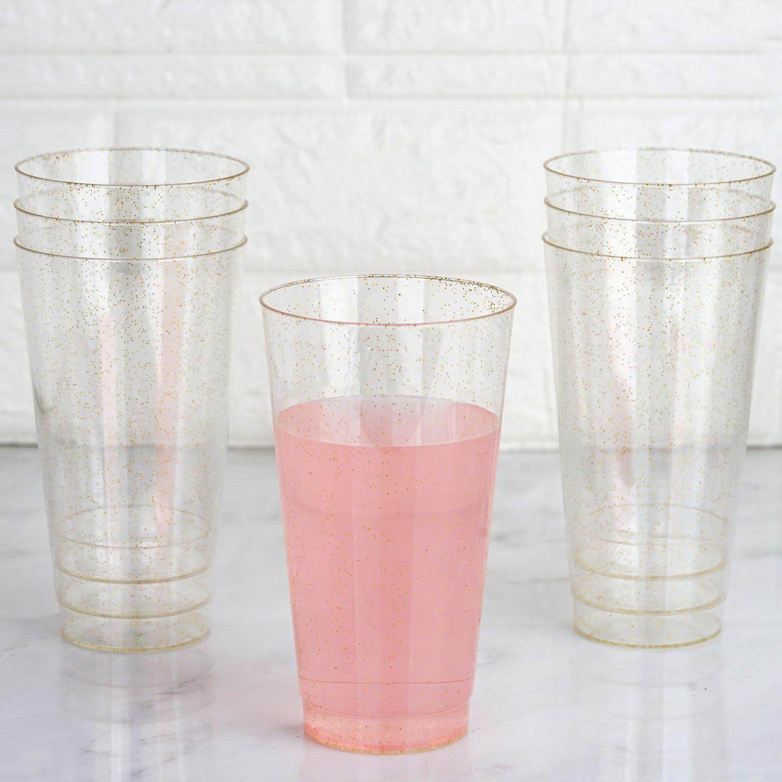 12-Pack Plastic Party Cups Clear Gold Glitter - Durable Disposable Tumblers for Drinks 17oz 5.5