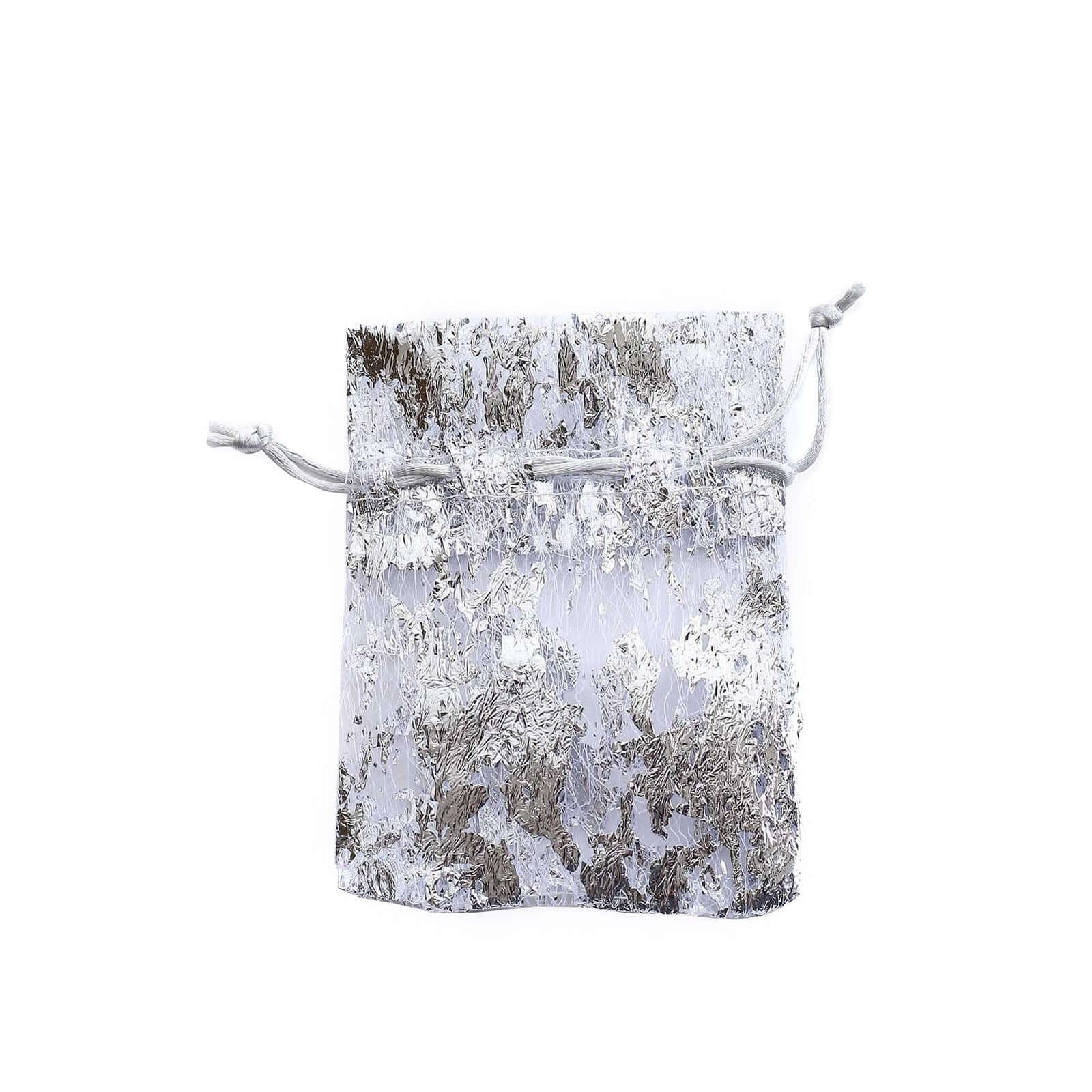 12 Pack Metallic Silver Foil Polyester Drawstring Candy Bags, Wedding Party Favor Bags - 4x5