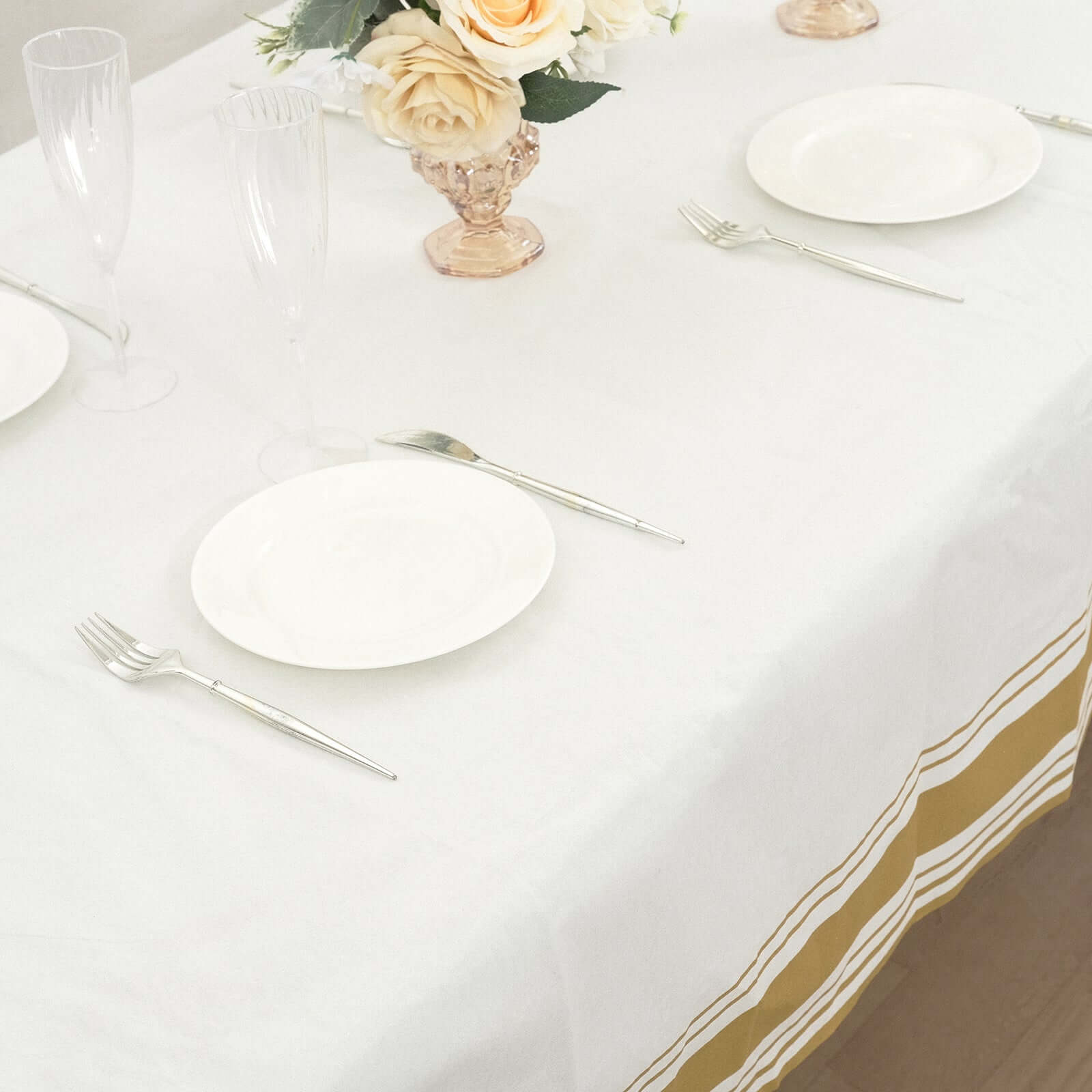 Paper Linen-Like Tablecloth Rectangle White with Gold Striped Border - Decorative Disposable Cover for Events 50x108