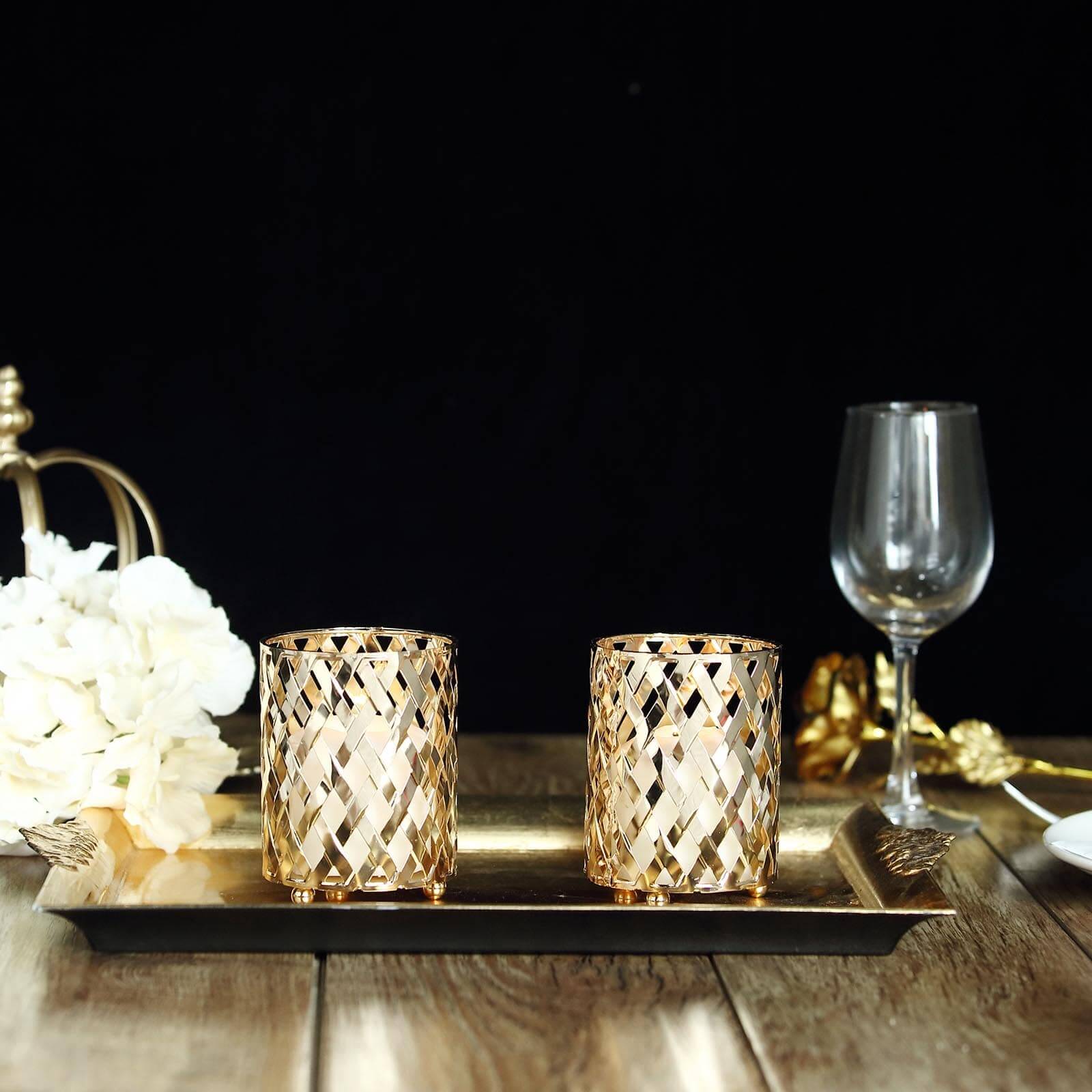 2-Pack Votive Candle Holders Gold Metal Diamond Cut Geometric Design - Perfect for Home Décor and Events 4