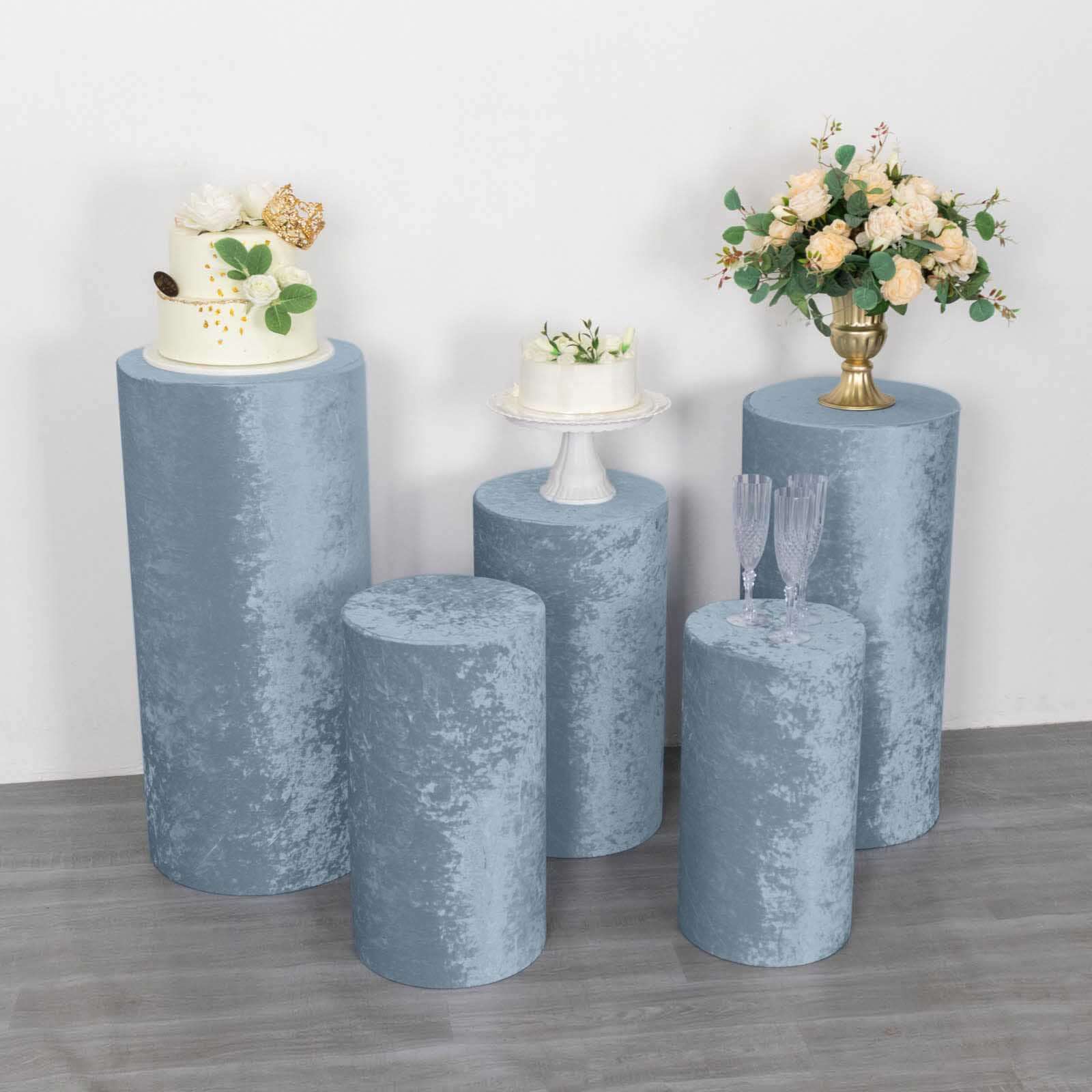 Set of 5 Dusty Blue Crushed Velvet Cylinder Pedestal Stand Covers, Premium Pillar Prop Covers