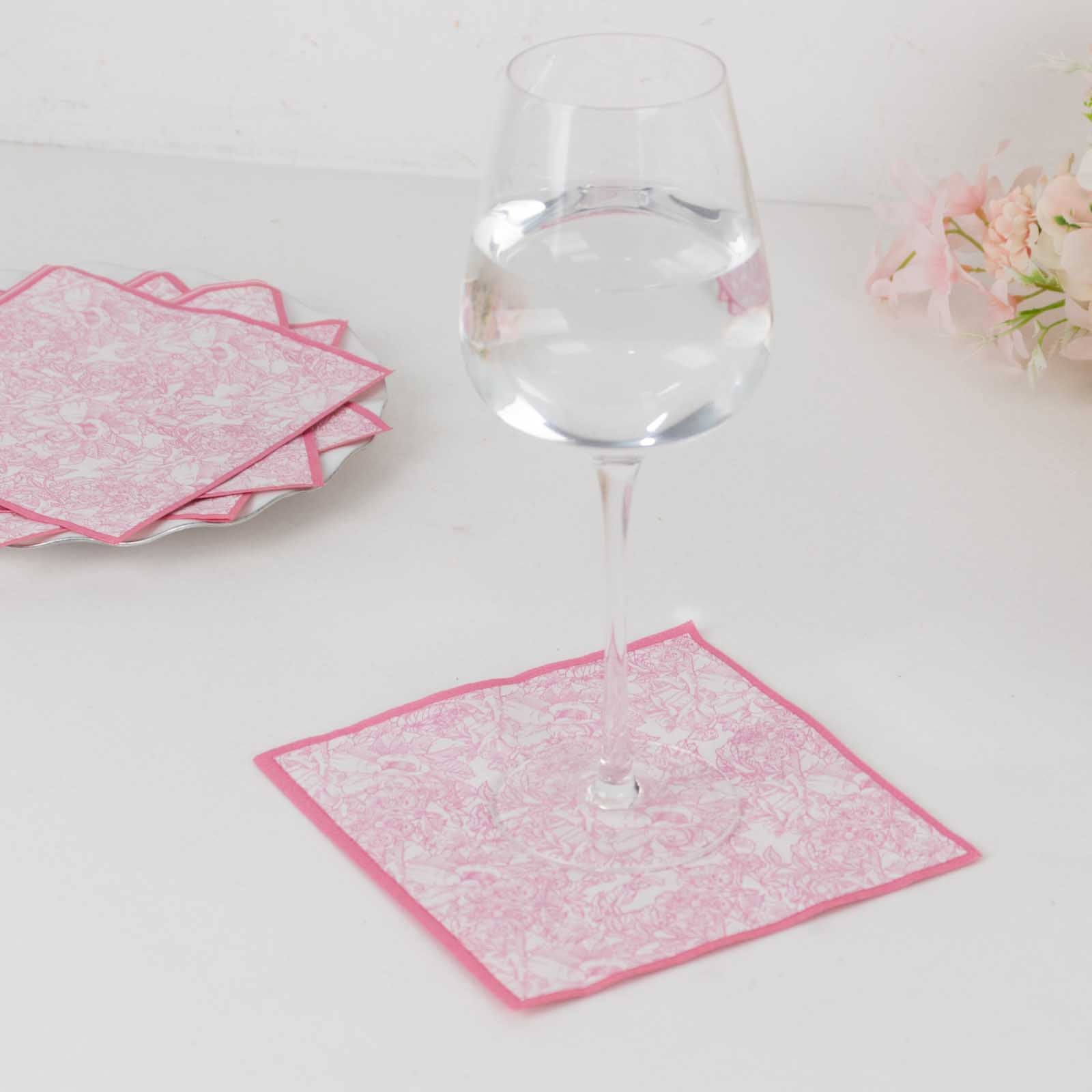 25-Pack Paper Cocktail Napkins with French Toile Print White/Pink - Highly Absorbent 2 Ply Disposable Napkins 5x5