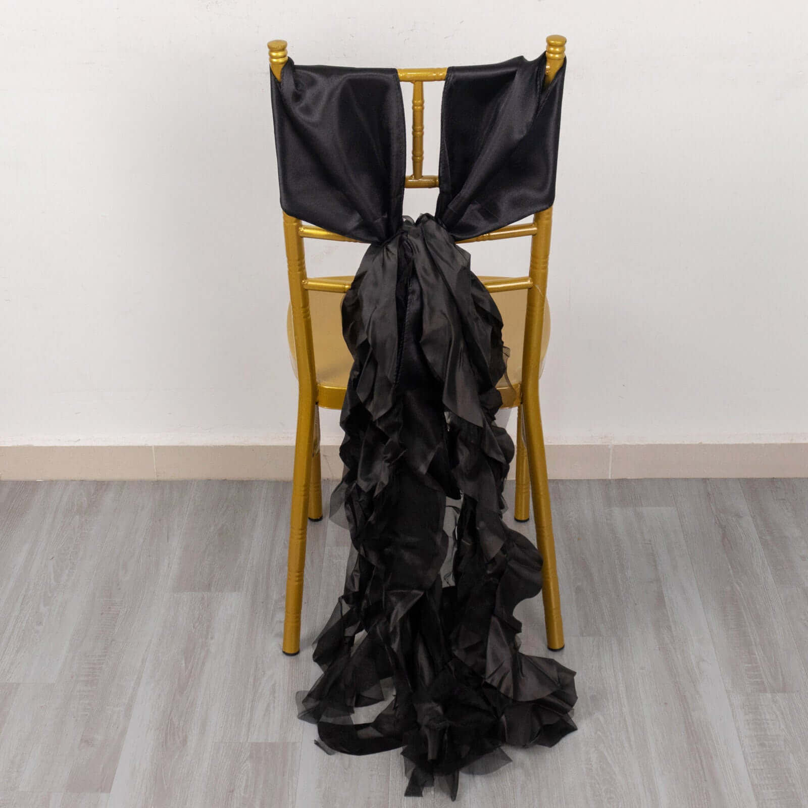 5 Pack Chiffon Satin Chair Sashes Black - Easy to Install Lustrous Ruffled Curly Willow Wedding Chair Decorations