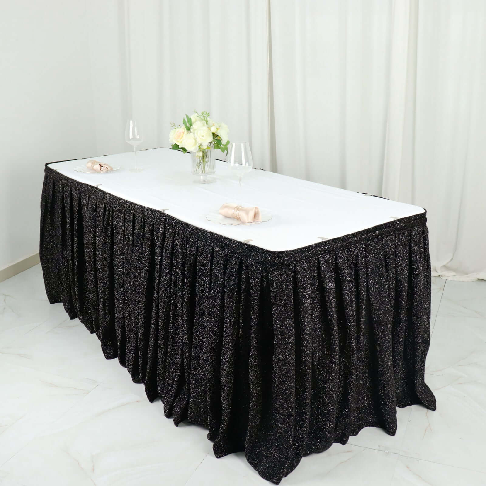 Spandex 17ft Table Skirt Black Pleated Metallic Shimmer Tinsel with Top Velcro Strip Table Cover