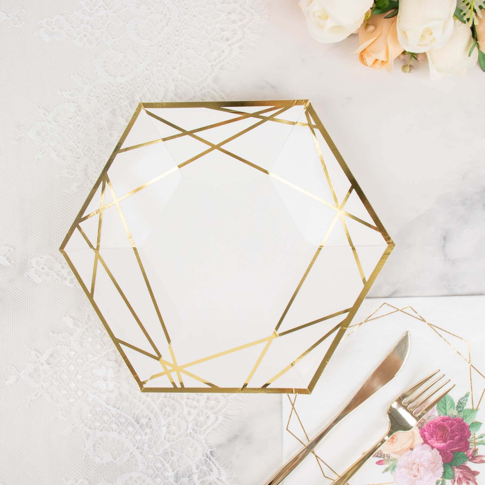 25-Pack Paper 9 Hexagon Dinner Plates in White with Gold Geometric Lines & Rim - Stylish Disposable Geometric 300GSM Party Plates for Events & Banquets