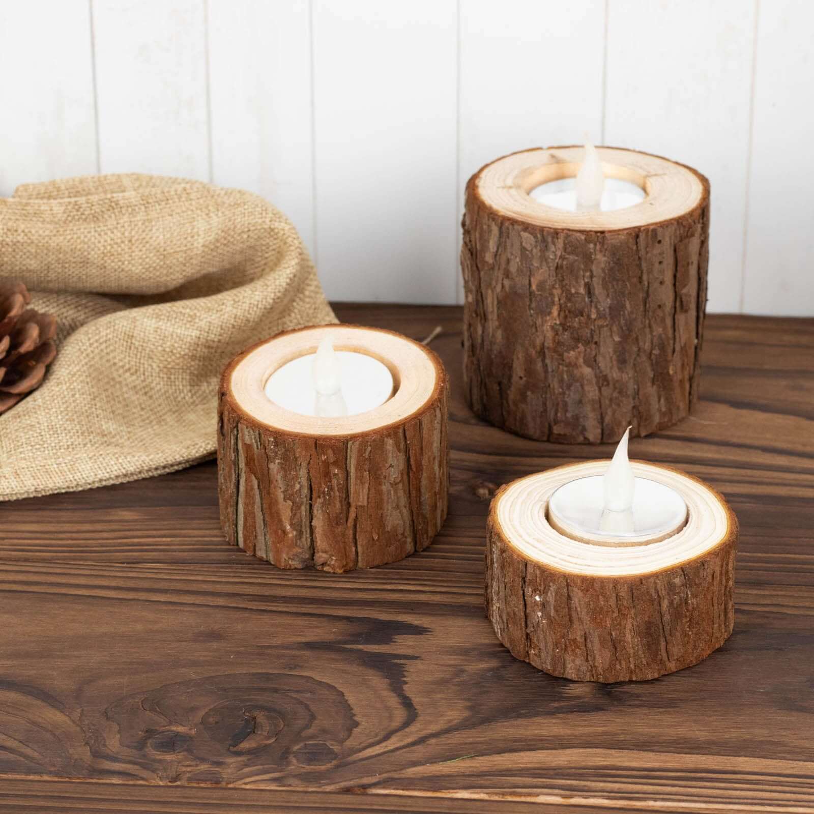 Set of 3 Rustic Wood Slice Votive Candle Holders - Tree Branch Wedding Table Décor 2.75, 1.5, 1.25