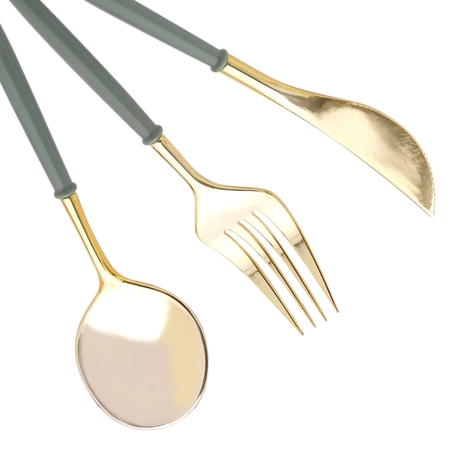 24-Pack Plastic Flatware Set in Metallic Gold with Dusty Sage Green Handle - Heavy Duty Disposable Modern Silverware 8