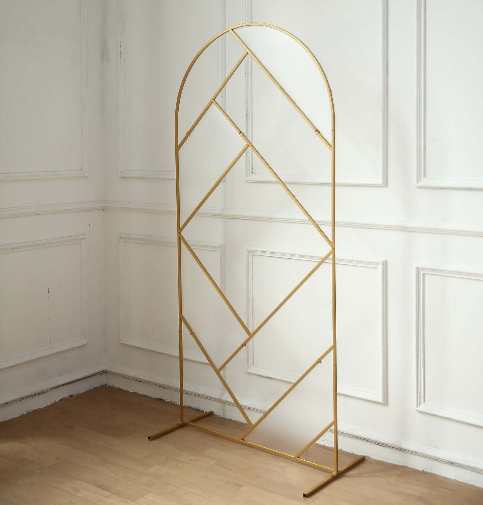 7ft Tall Gold Metal Round Top Geometric Flower Frame Prop Stand, Rectangular Wedding Backdrop Floor Stand With Cloudy Film Insert