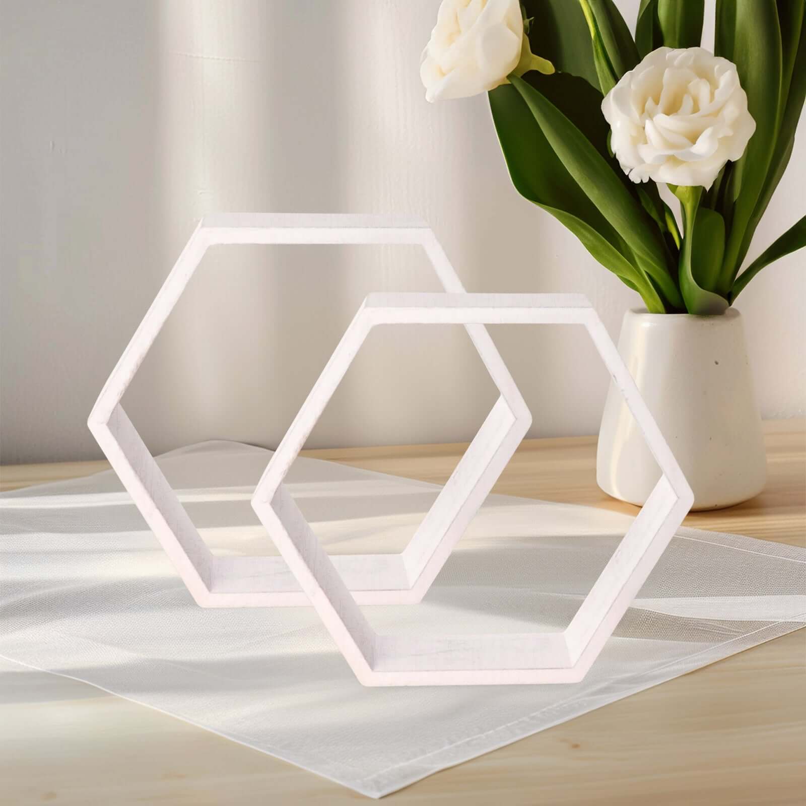 2 Pack 9 Hexagon Whitewashed Wood Centerpiece, Geometric Terrarium, Honeycomb Storage Shelf