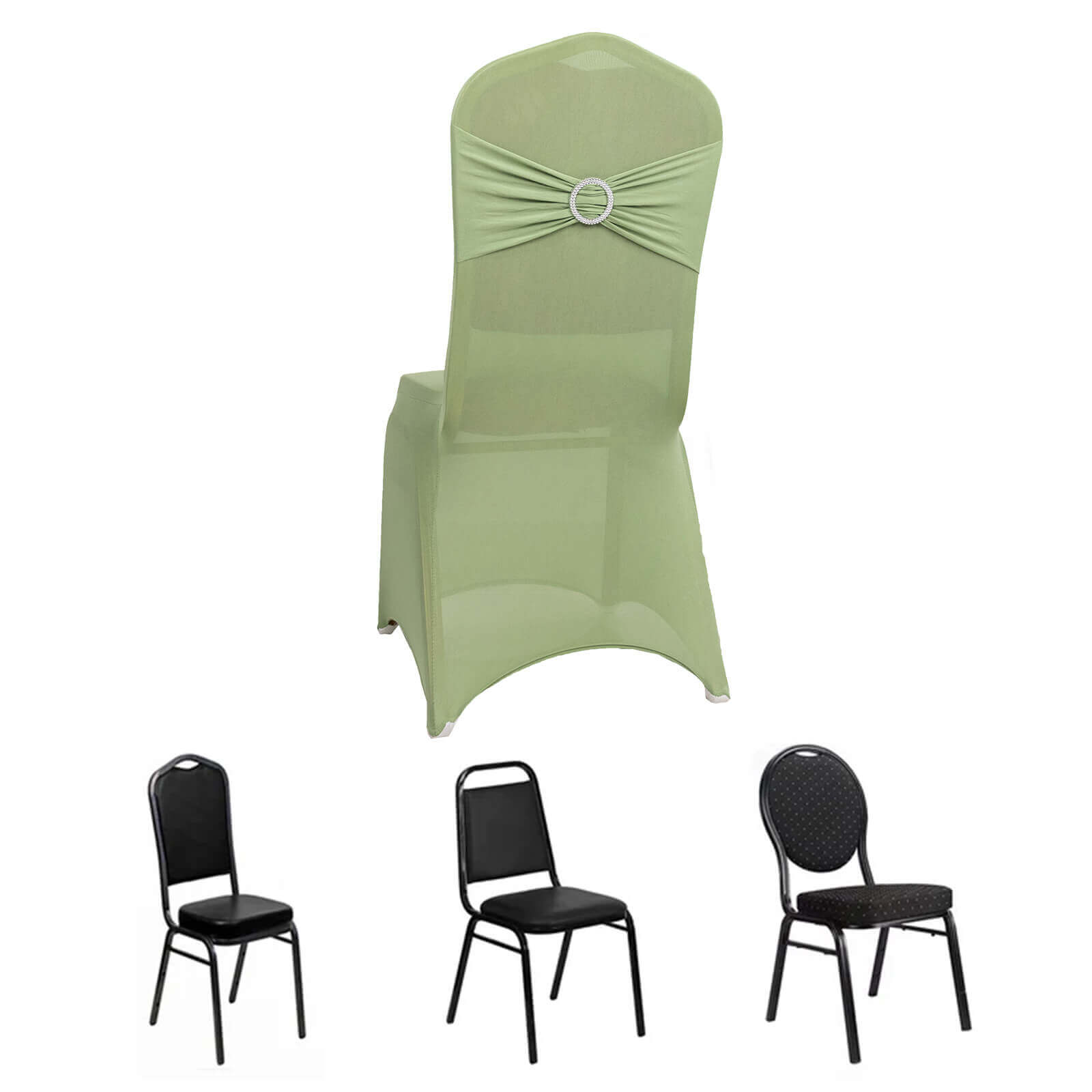 Spandex Chair Cover with Sage Green Rhinestone Buckled Sash Band Blush - Stretch Fitted Slipcover