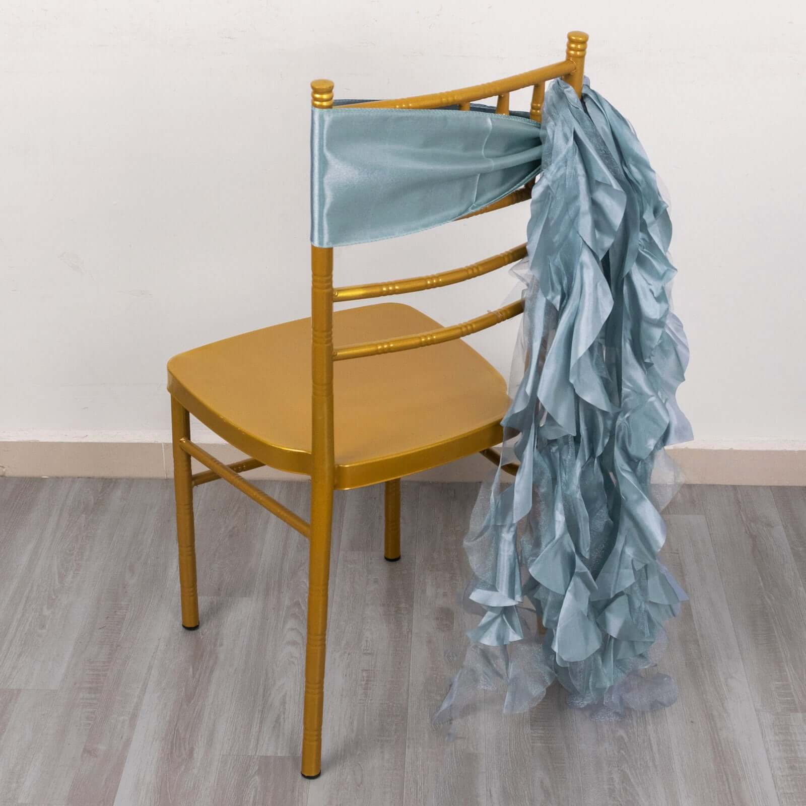 5 Pack Chiffon Satin Chair Sashes Dusty Blue - Easy to Install Ruffled Curly Willow