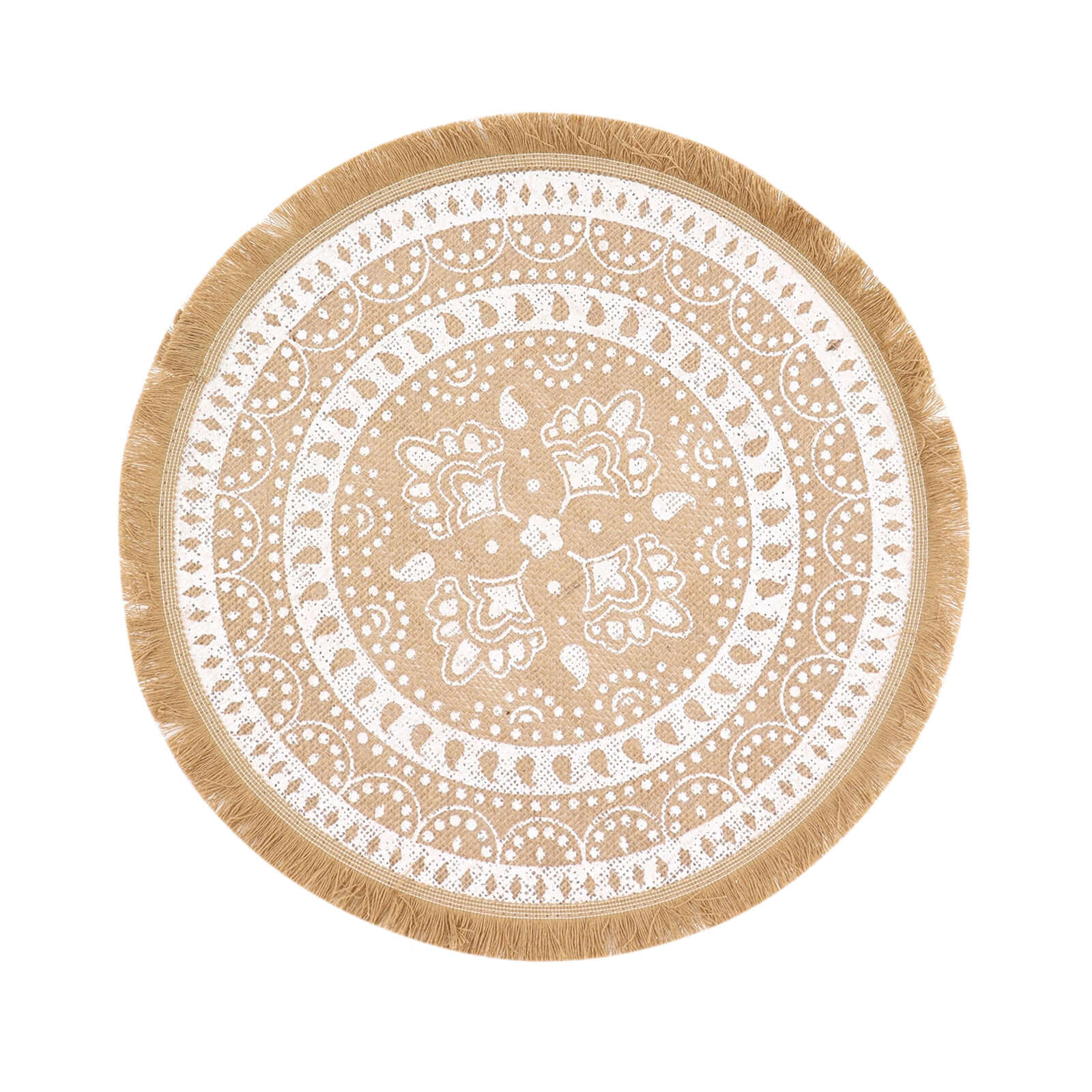 4-Pack Placemats Fringe Print Design Natural Jute and White Round - Rustic Burlap Woven Style 15