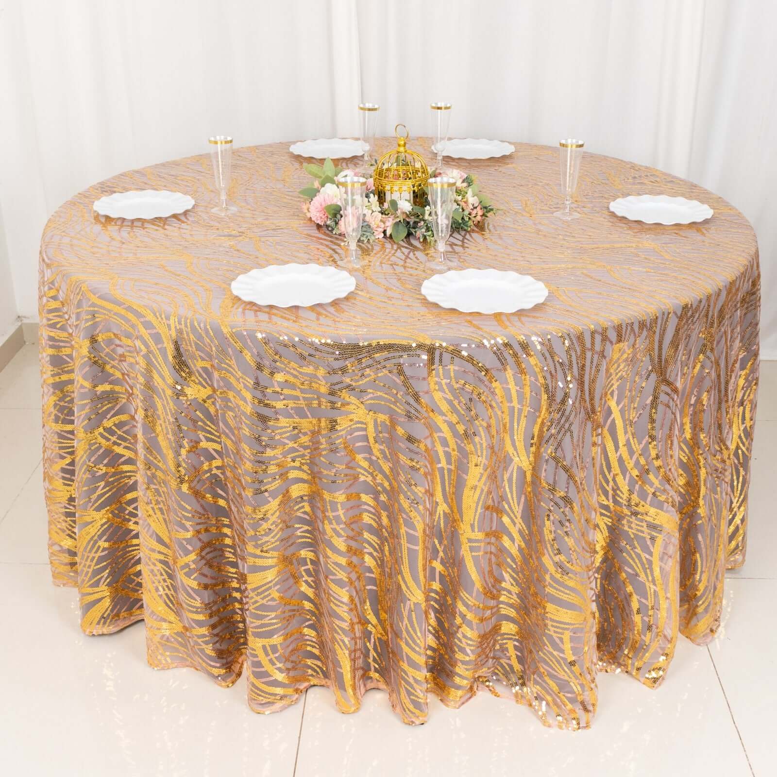 Sequin Mesh 120 Round Tablecloth Rose Gold/Gold - Seamless Wave Embroidered Table Cover