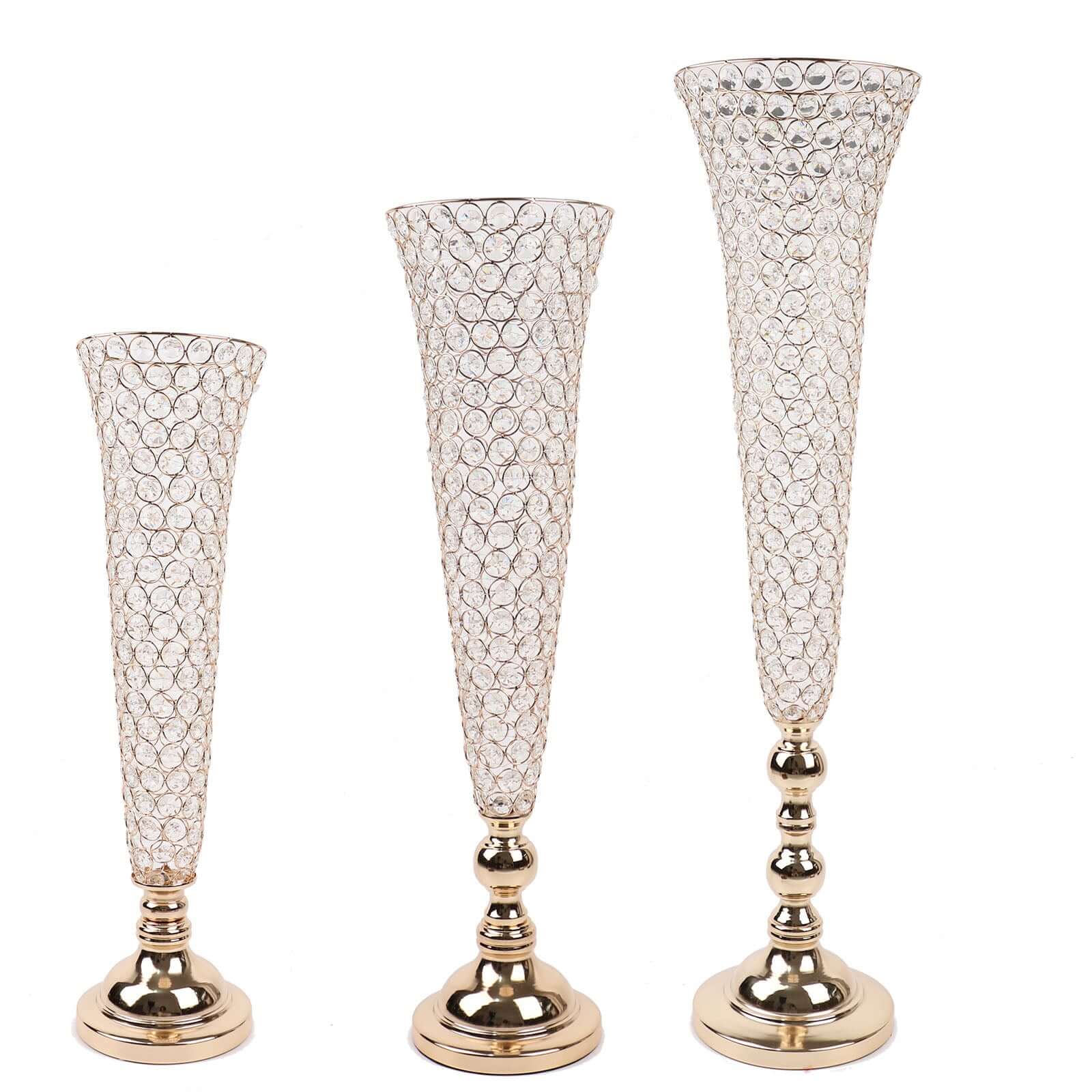 2-Pack Crystal Beaded Trumpet Vase Set Gold - Table Centerpiece for Grand Occasions 40