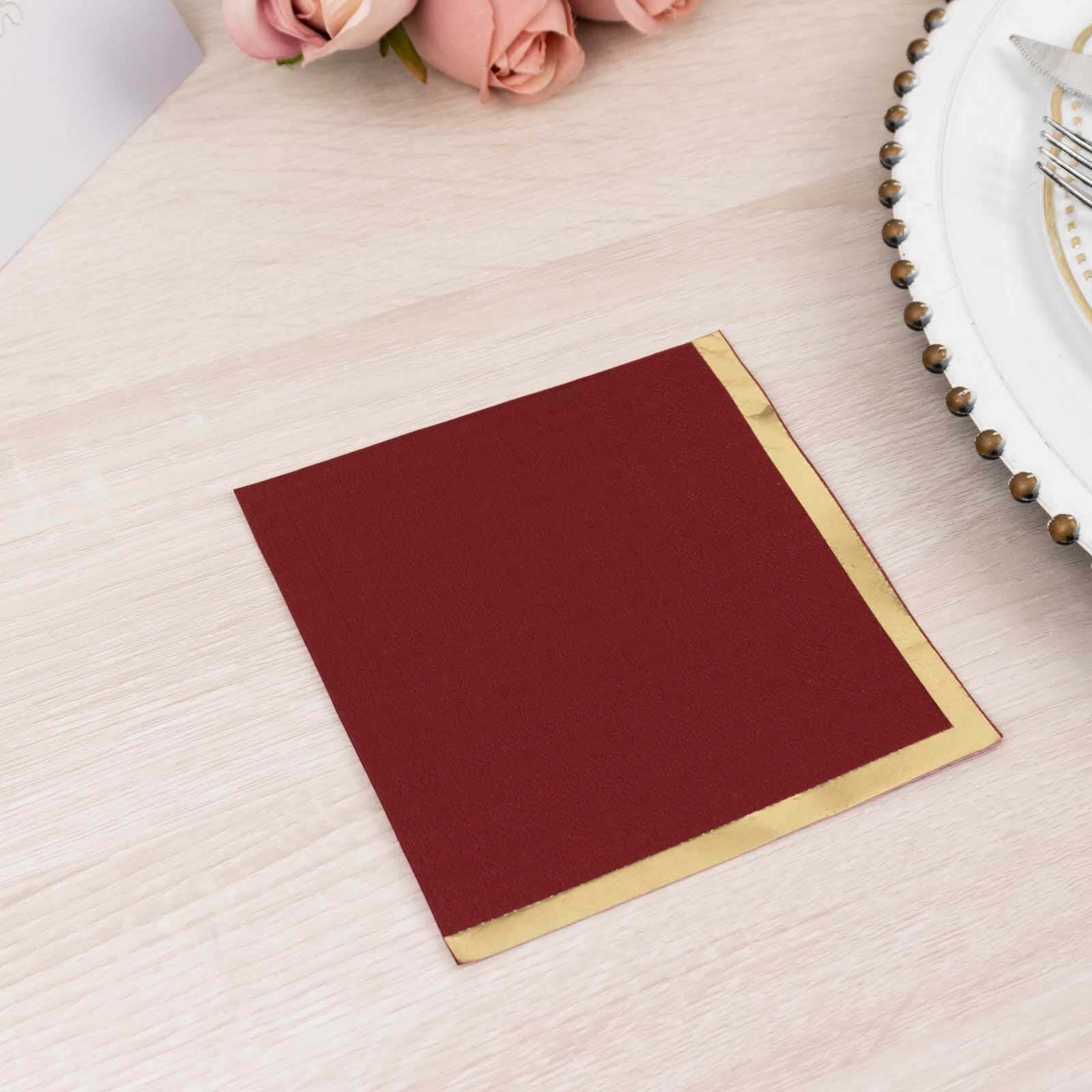 50-Pack Paper Beverage Napkins Burgundy with Gold Foil Edge - 2 Ply Disposable Soft 18GSM Cocktail Napkins 5x5