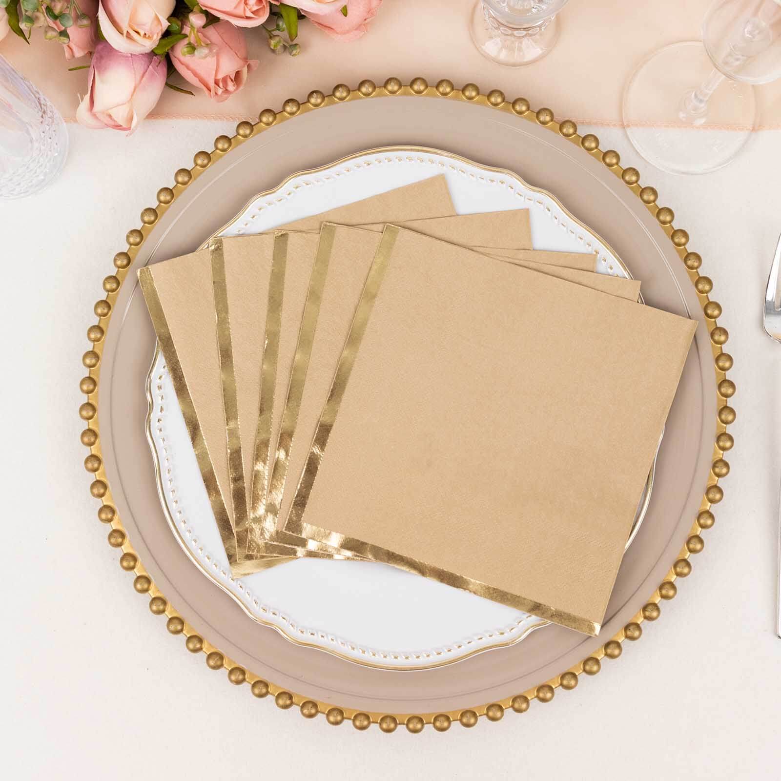 50-Pack Paper Beverage Napkins with Gold Foil Edge Natural - Disposable 2 Ply Cocktail Napkins for Events 6.5x6.5