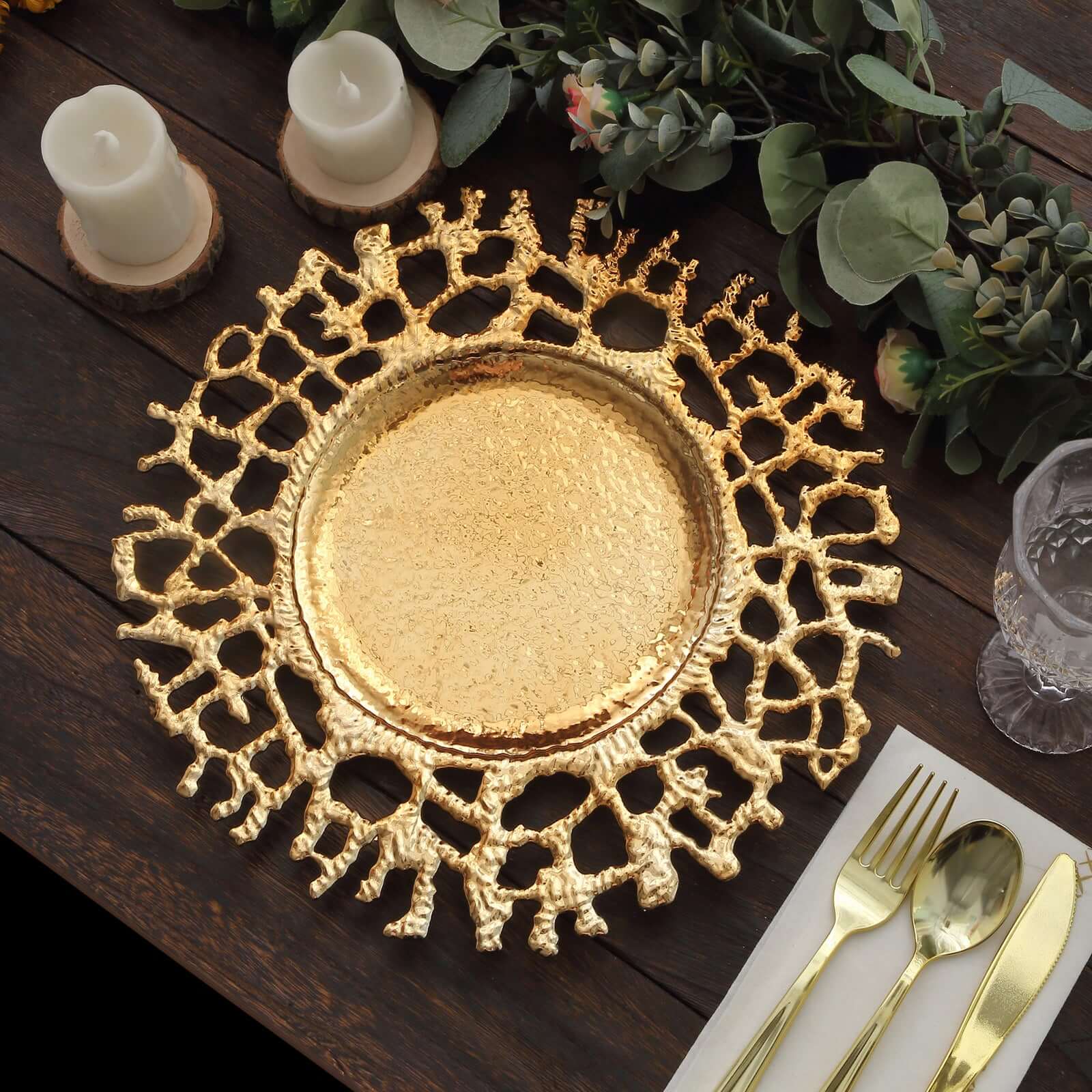 6-Pack Acrylic Round Charger Plates 13 in Gold with Molten Branch Design, Plastic Hollow Lace Decorative Dinner Party Charger Tableware