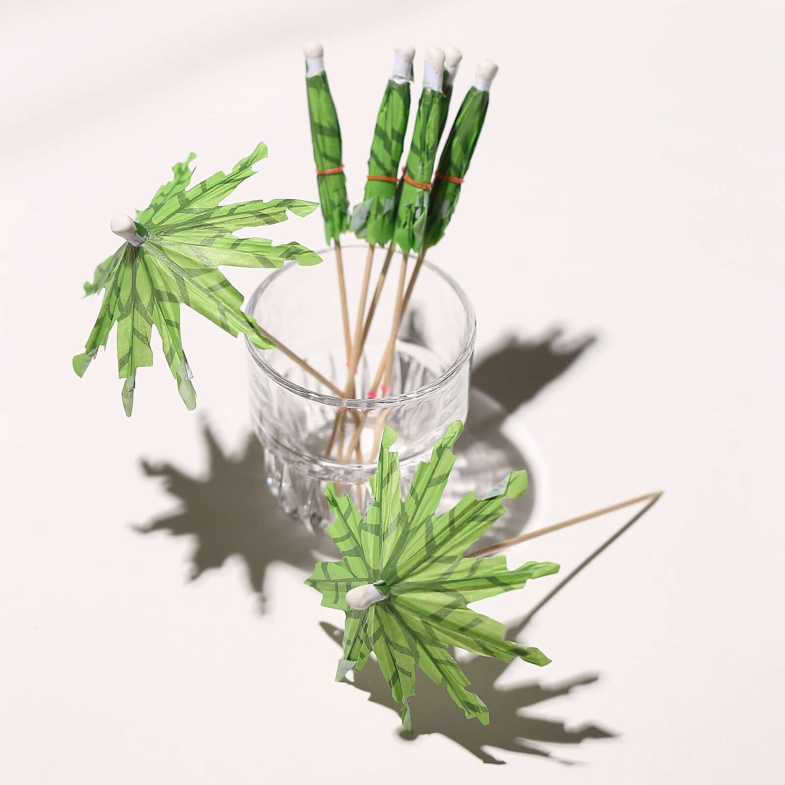 50-Pack Bamboo Cocktail Picks Tropical Leaf Parasol Design Green - Eco Friendly Disposable Drink Stick 6