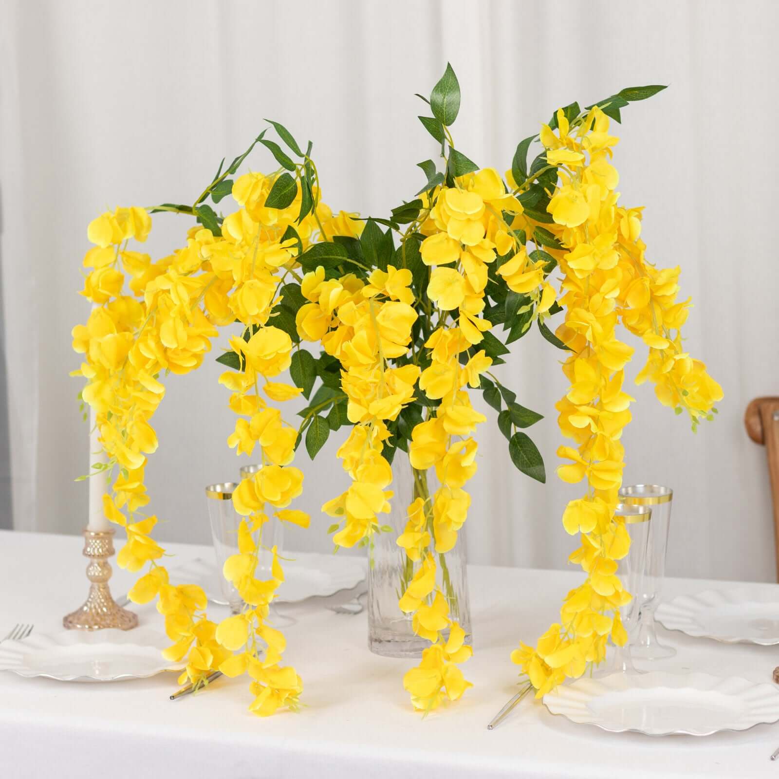 5 Pack 44 Silk Hanging Wisteria Flower Garland Vines in Yellow, 3 Strands in 1 Bush