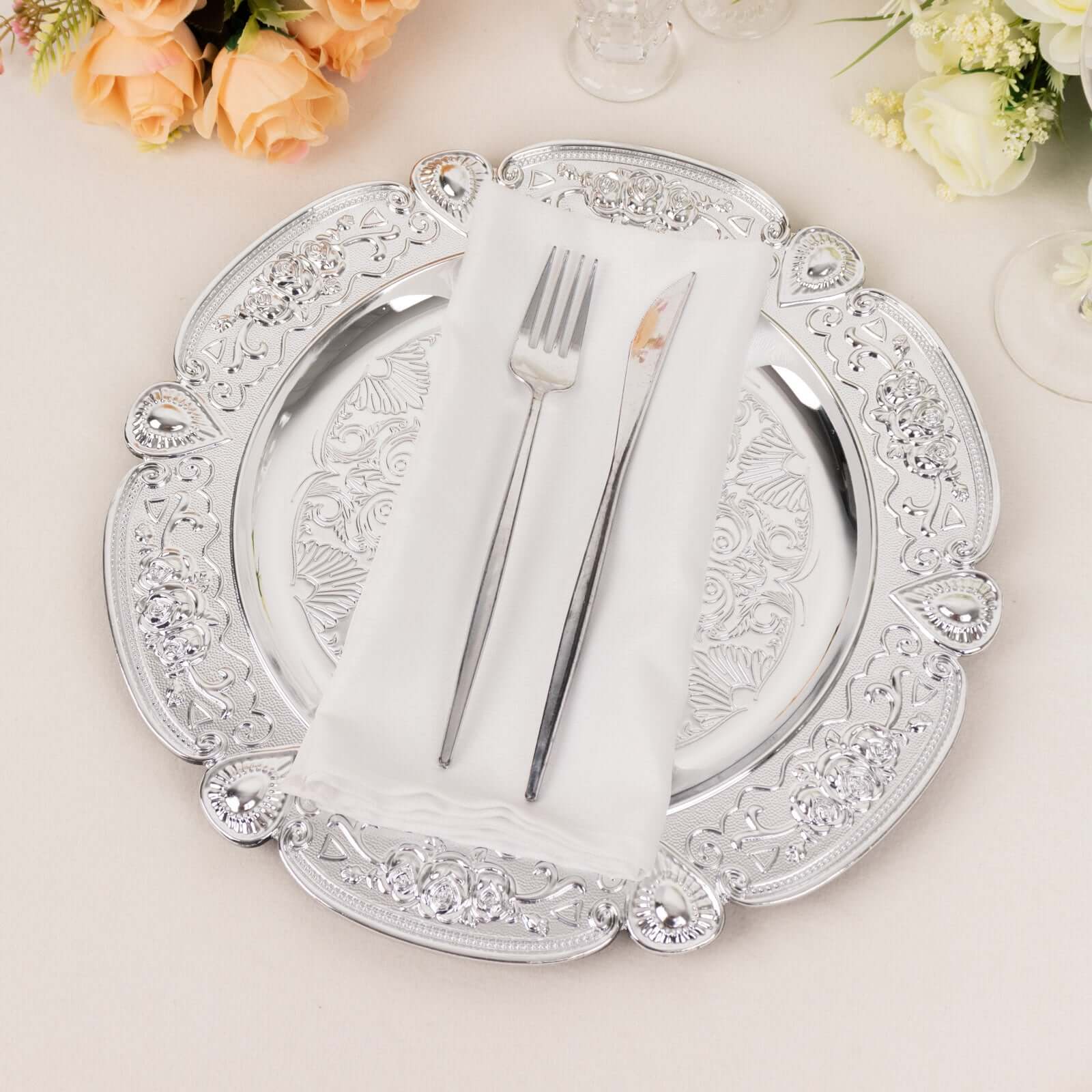 6-Pack Acrylic Round Charger Plates 13 in Silver Floral Embossed with Scalloped Rim, Plastic Decorative Charger Tableware