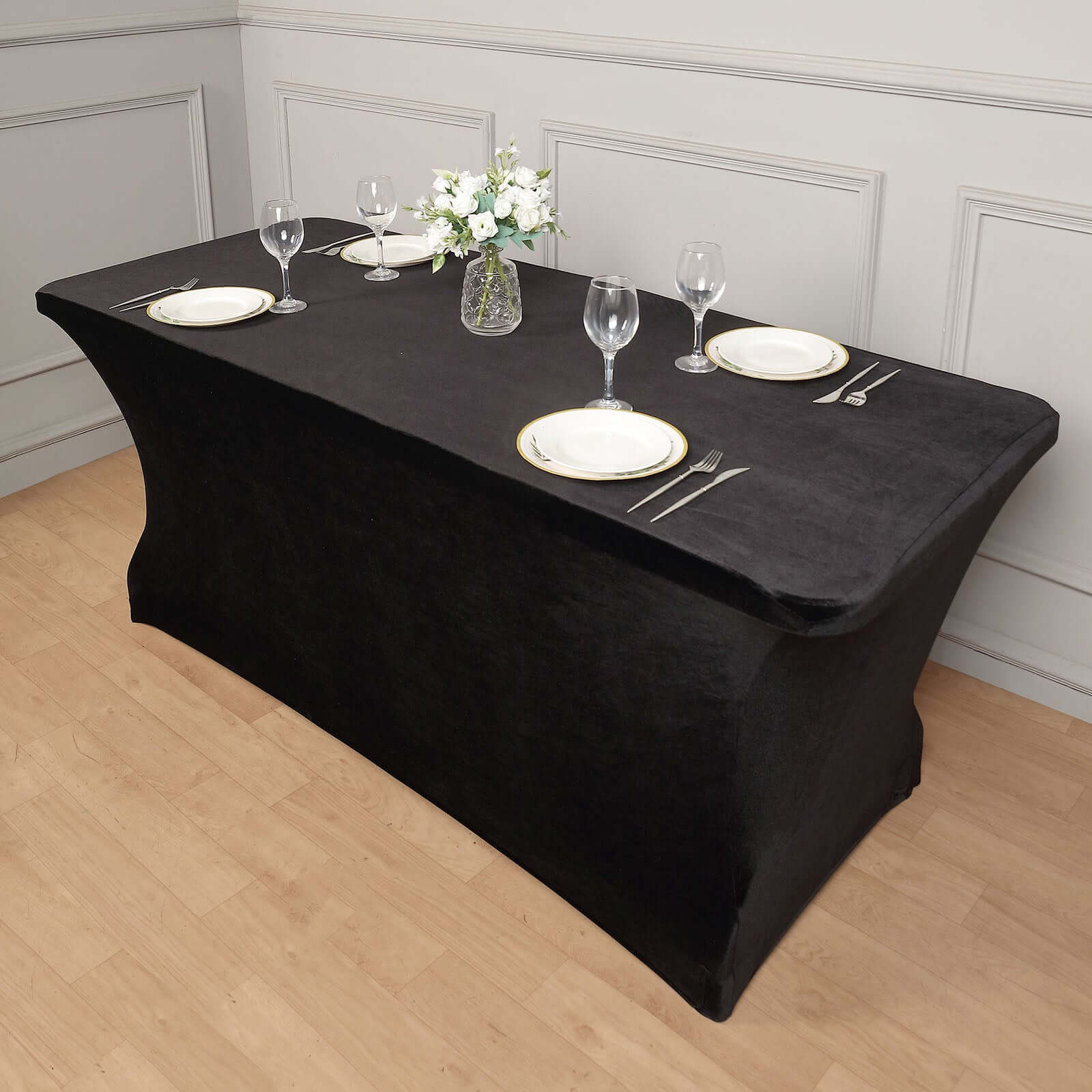 Velvet Spandex 6ft Rectangle Tablecloth Black - Fitted Wrinkle-Free Design for 72x30 Tables