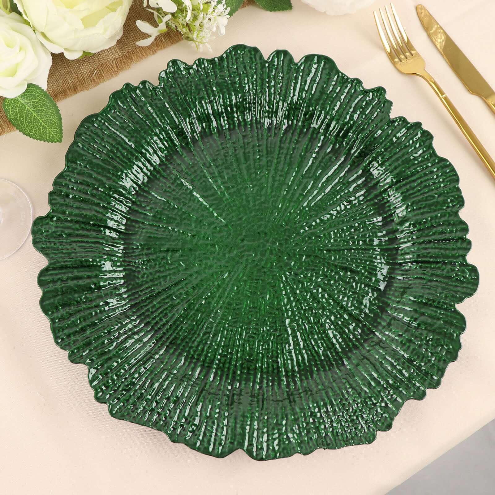 6-Pack Acrylic Plastic Round Charger Plates 13 in Hunter Emerald Green with Reef Design, Dinner Charger Tableware