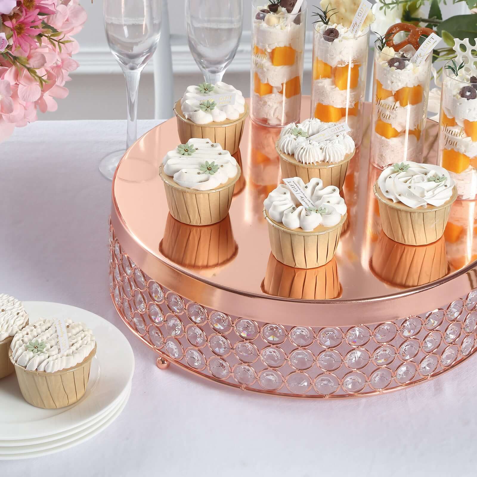 Metal Cake Stand Pedestal Crystal Beaded Design Rose Gold - Cupcake Display and Dessert Riser 13