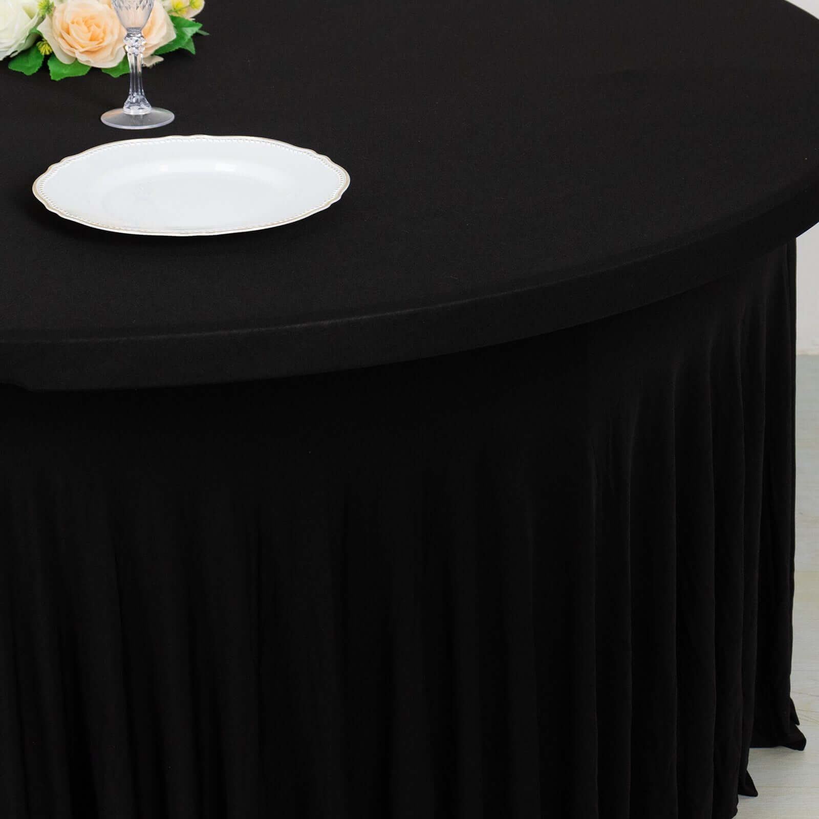 Spandex Round 6ft Table Skirt Black with Wavy Skirt-Like Effect Stylish Table Cover