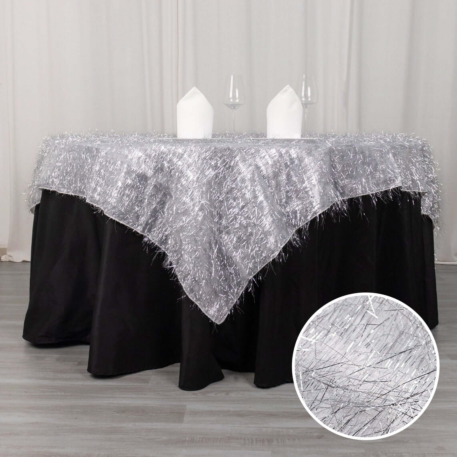 Polyester 72x72 Table Overlay Square Tablecloth Silver - Metallic Fringe Shag Tinsel Table Cover