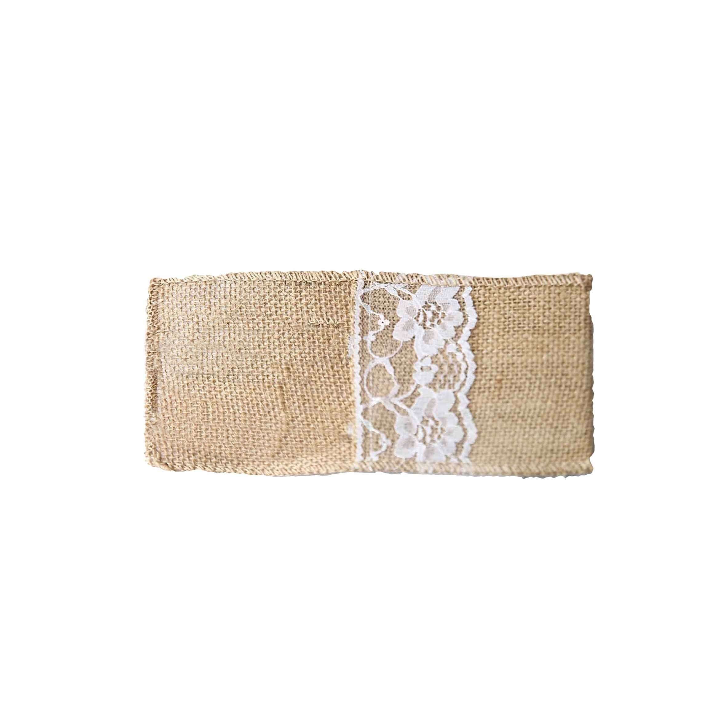 10 Pack 4x8 Natural Burlap Lace Single Set Silverware Holder Pouch