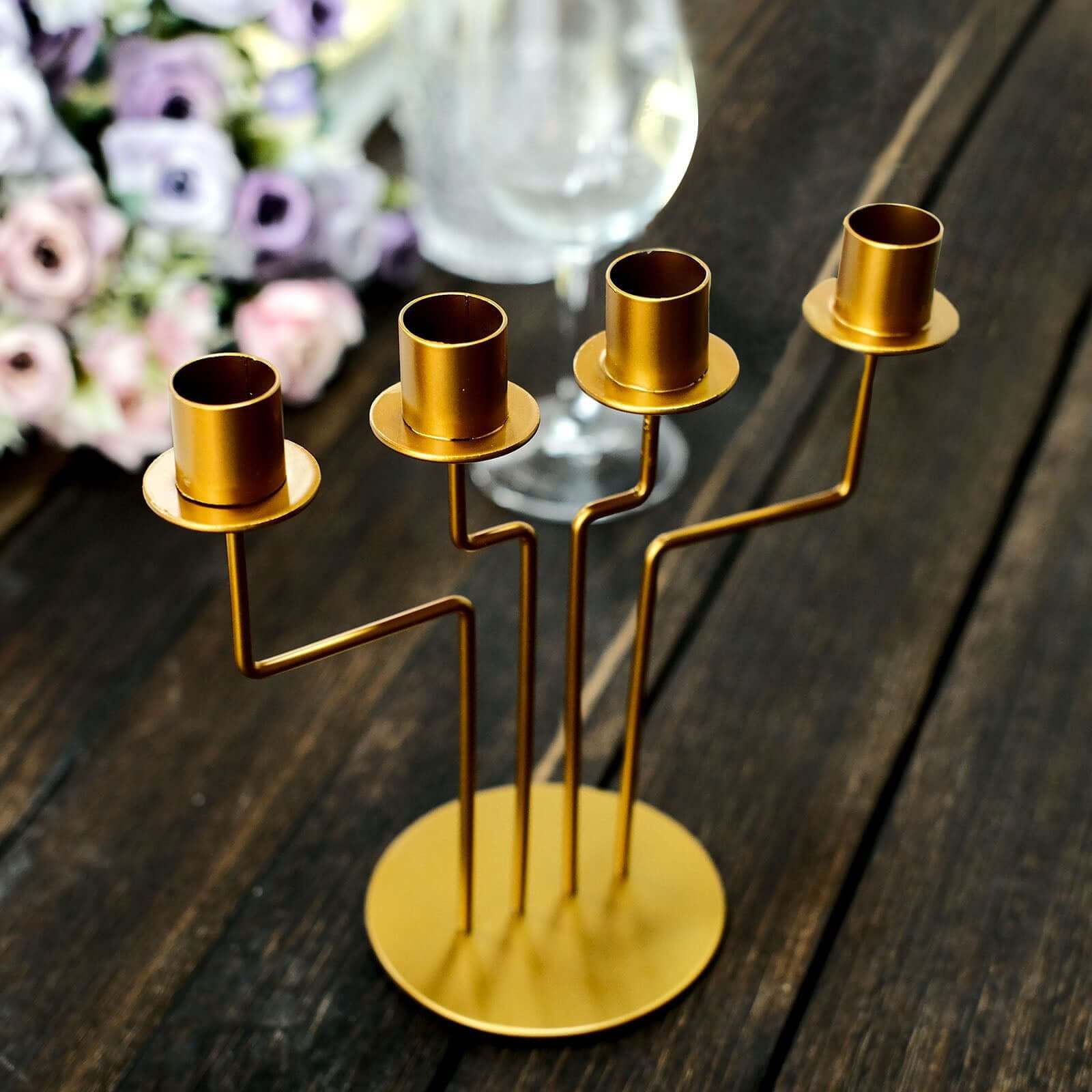 2-Pack Geometric Taper Candelabra 4 Arm Design Gold Metal Decorative Centerpiece - Perfect for Events 8