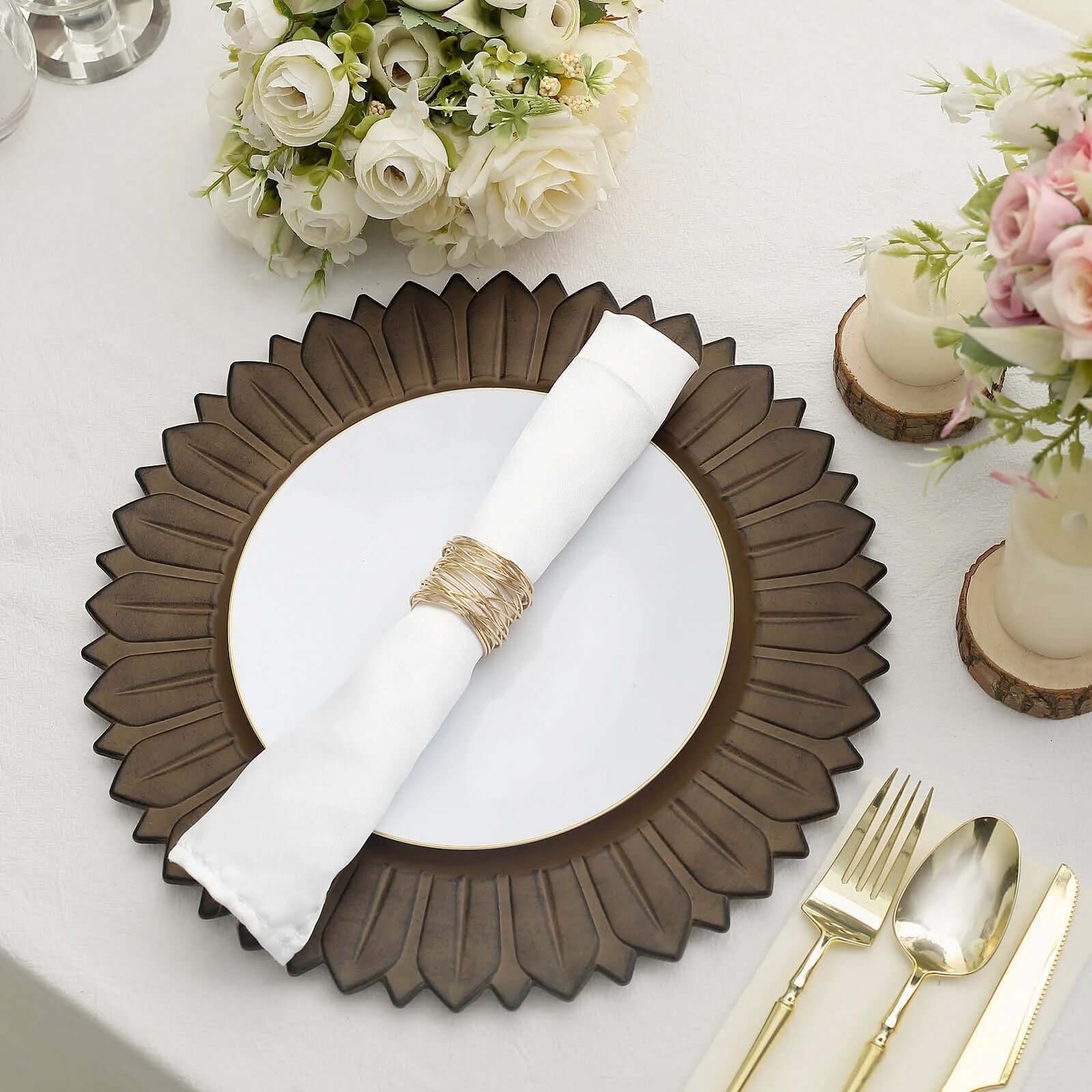 6-Pack Plastic Round Charger Plates 13 in Natural with Sunflower Rim, Matte Finish Disposable Dinner Charger Tableware