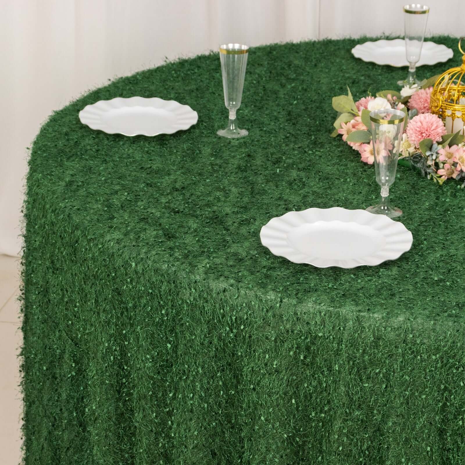 Polyester 120 Round Tablecloth Green with Shaggy Fringe Table Cover