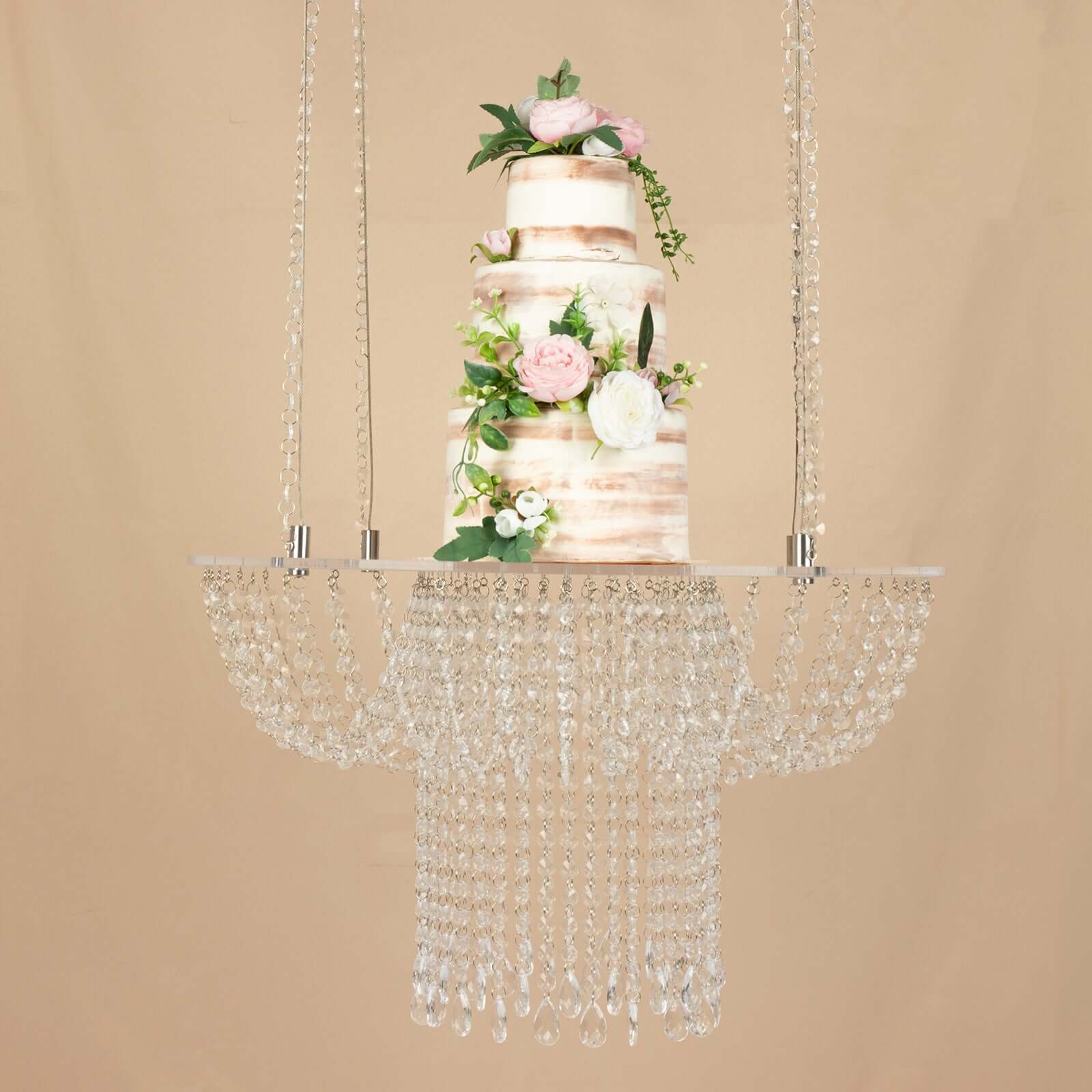 Acrylic Hanging Chandelier Cake Stand with Crystal Drapes - Suspended Round Wedding Cake Swing with 5ft Steel Wire Chains 25