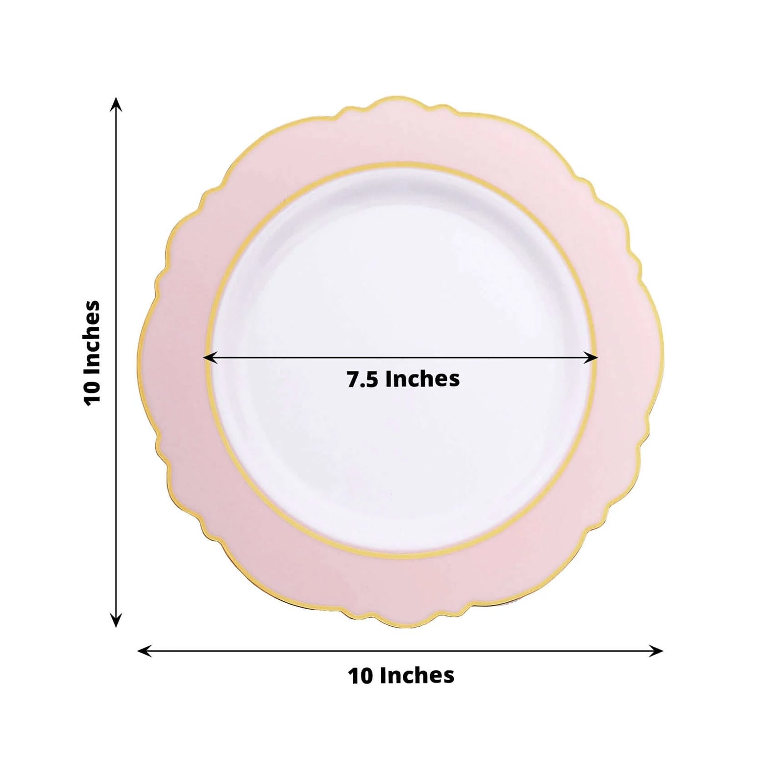 10-Pack Plastic 10 Round Dinner Plates in White with Blush Blossom Design & Gold Edging - Disposable Party Plates