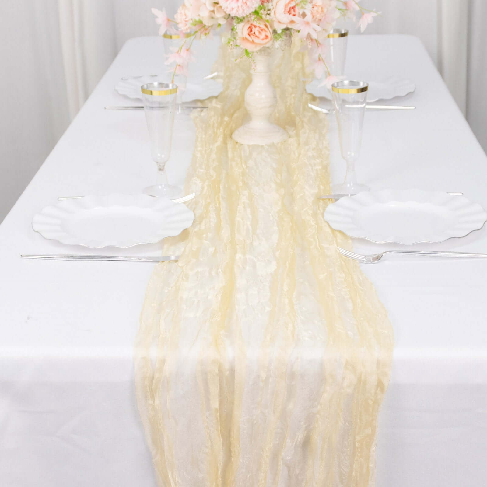 Sheer Crinkled Organza 9ft Table Runner Champagne - Rustic Chiffon Look