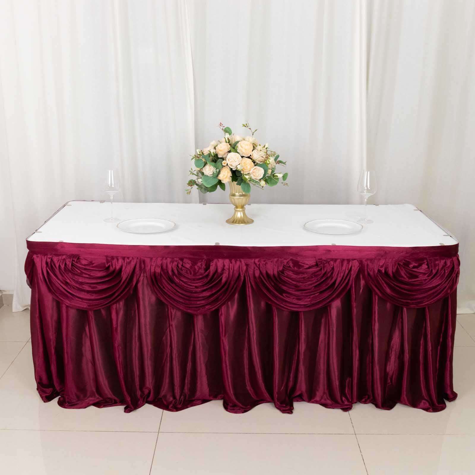 Satin 14ft Table Skirt Burgundy - Pleated Double Drape Table Cover