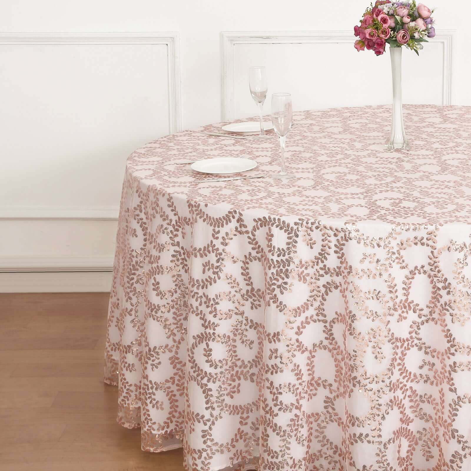 Tulle 120 Round Tablecloth Rose Gold - Seamless Sequin Leaf Embroidered Table Cover