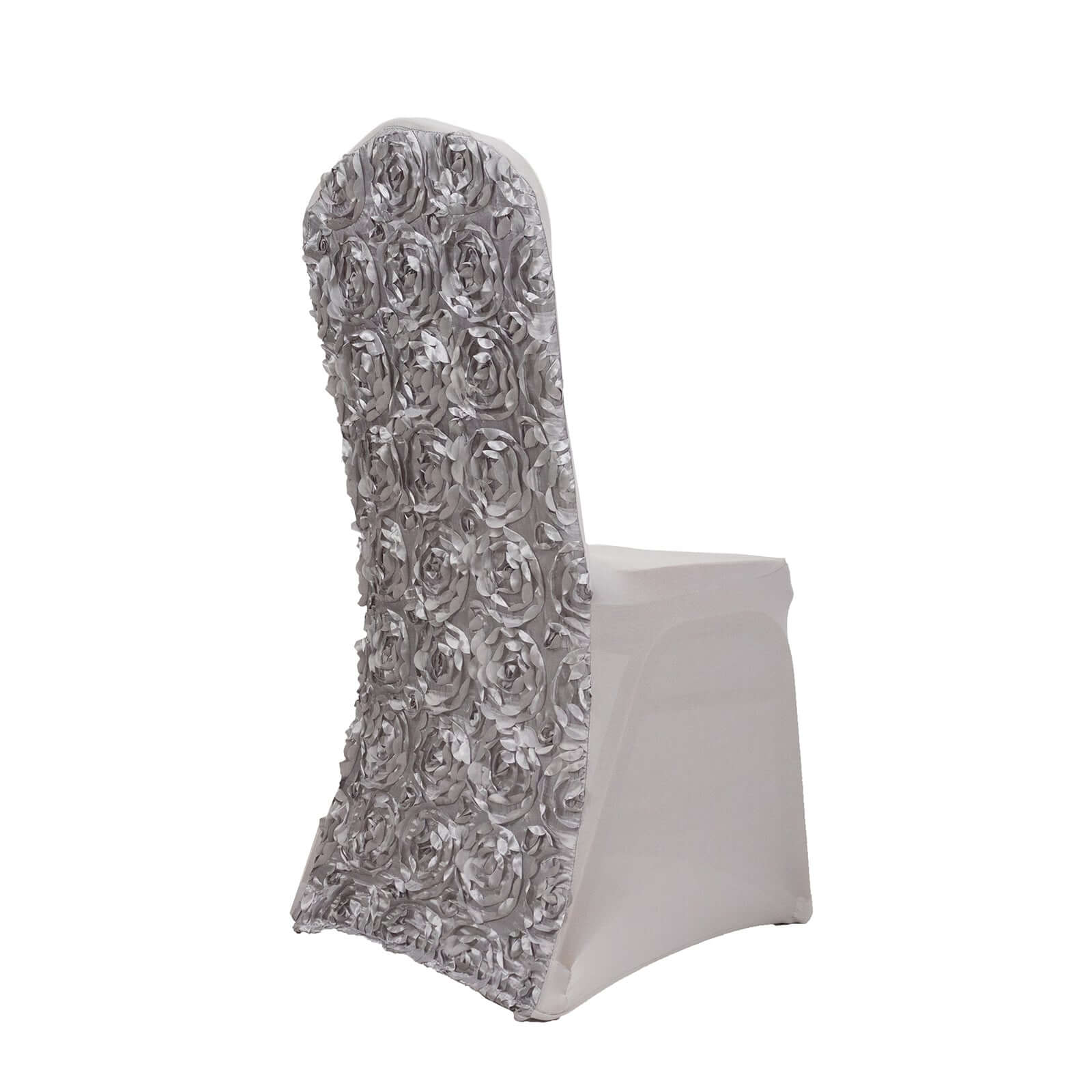 Satin Rosette Chair Cover for Banquet Chairs Silver - Stretch Fitted Slip-On Slipcover