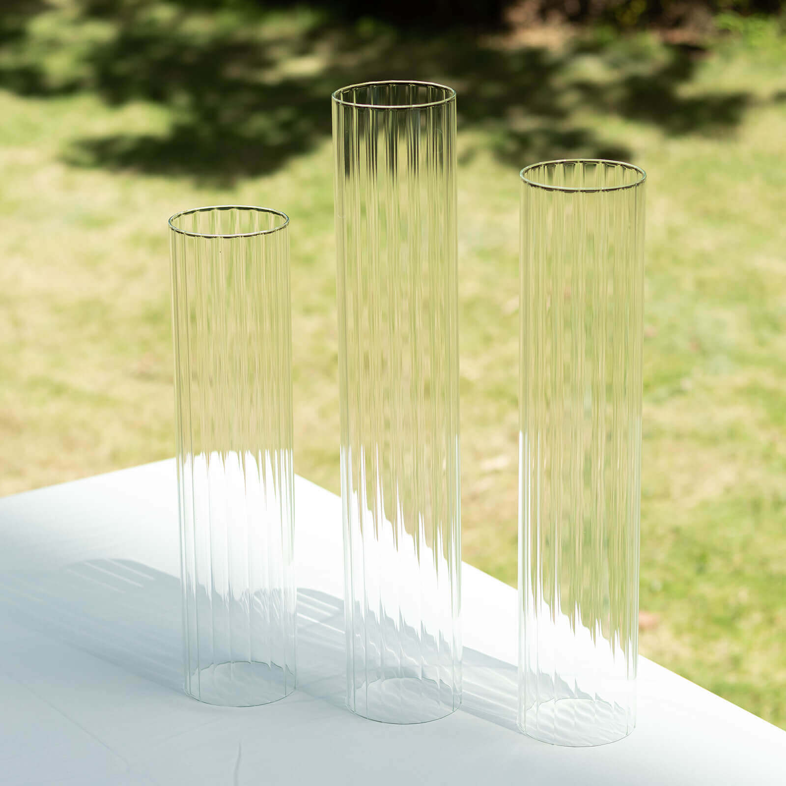 Set of 3 Clear Ribbed Glass Hurricane Shades Open End Design - Stylish Candelabra Pillar Candle Holder Table Centerpiece 15, 17, 19