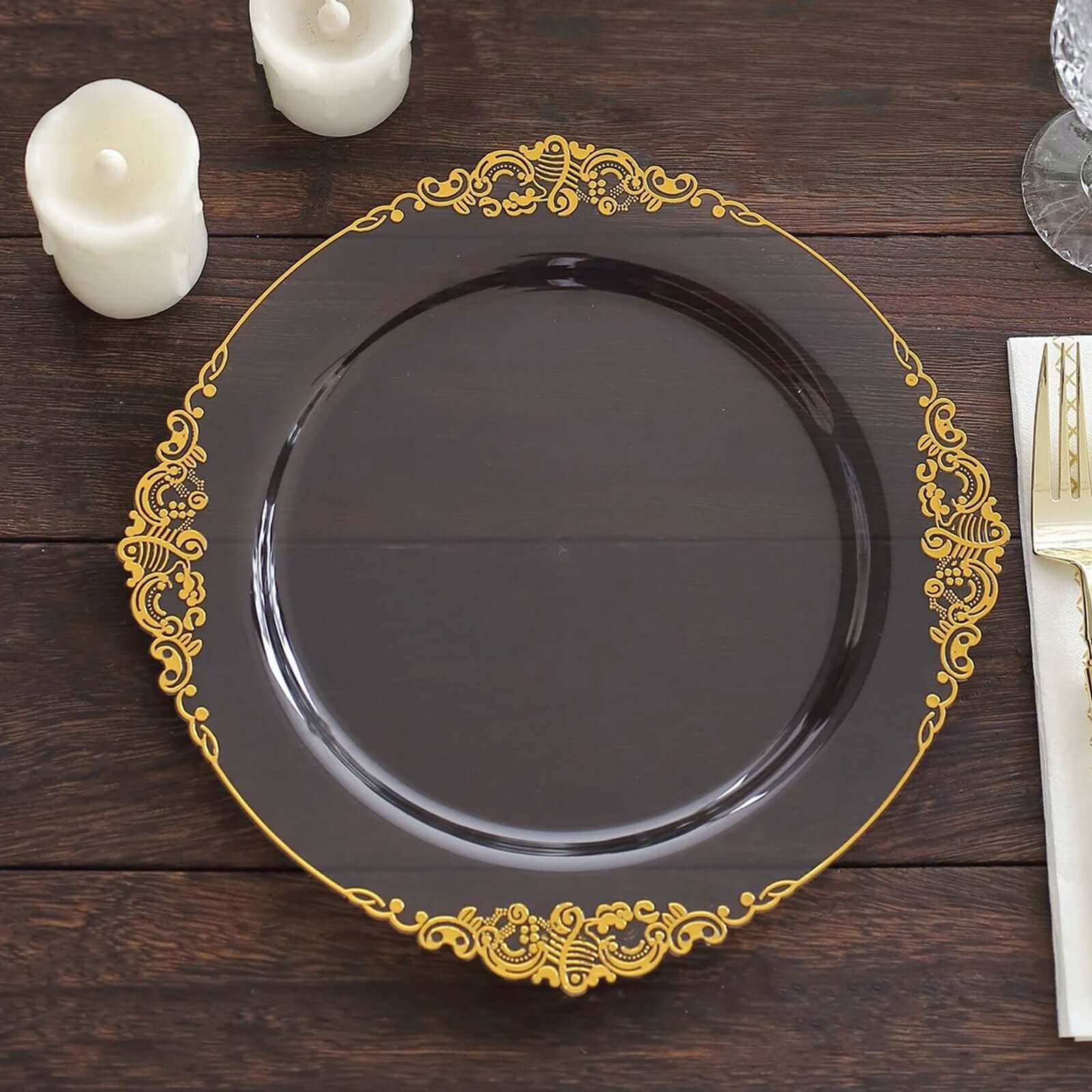 10-Pack Plastic 10 Round Dinner Plates in Transparent Black with Gold Leaf Embossed Rim - Disposable Vintage Baroque Style Plates