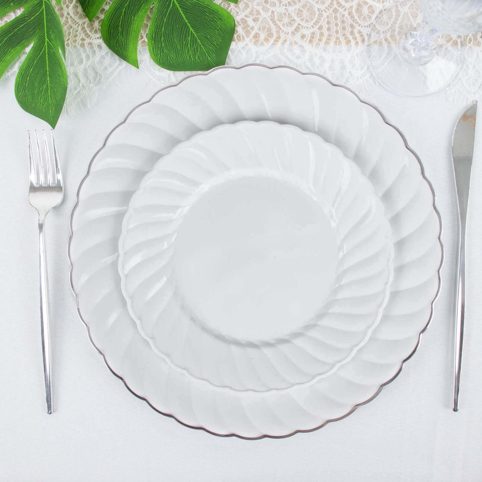 12-Pack Plastic Dessert Plates White Flair Rim - Sturdy Disposable Salad Plates 7.5