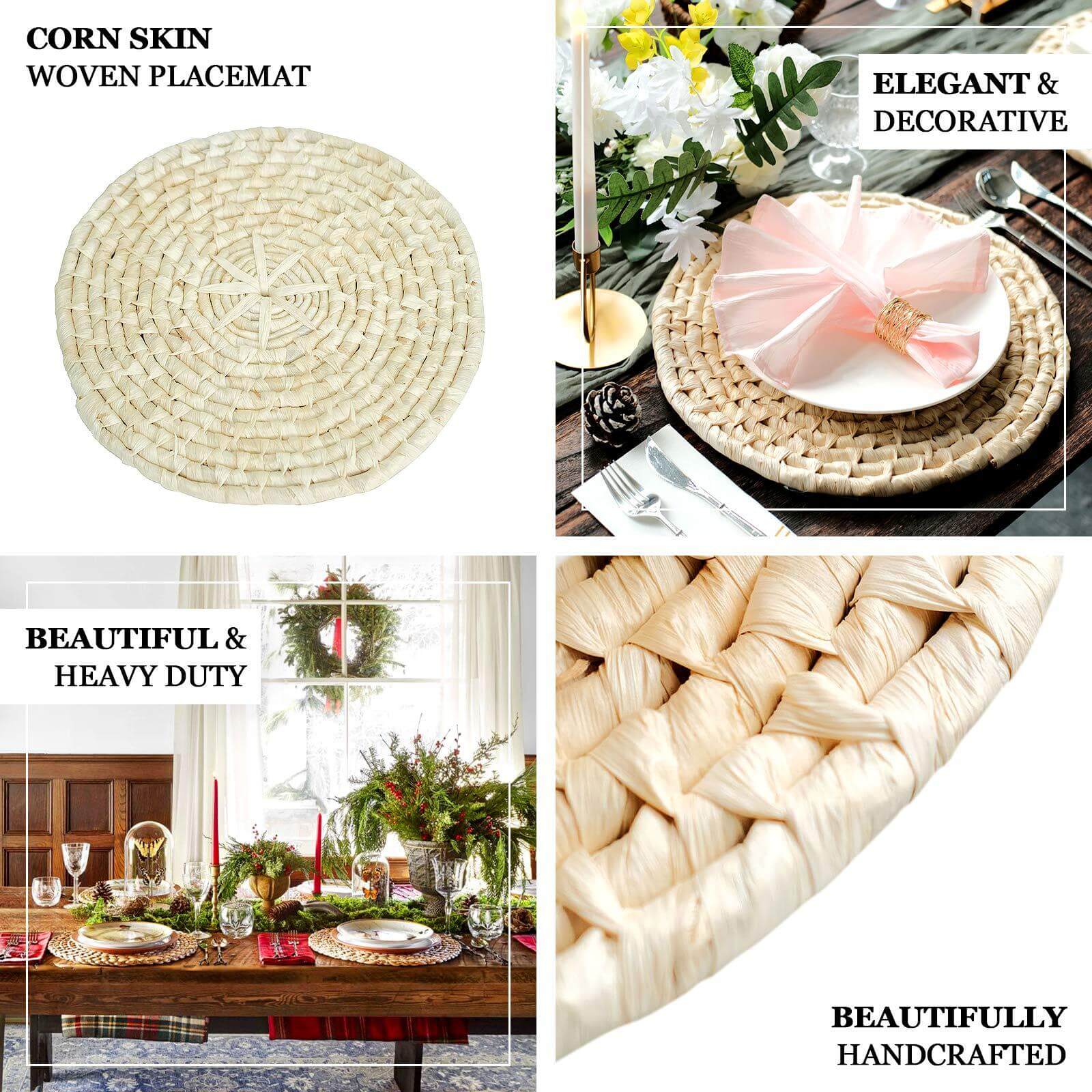 4-Pack Placemats Braided Design Natural Corn Husk Round - Woven Rustic Rattan Style for Tables 15