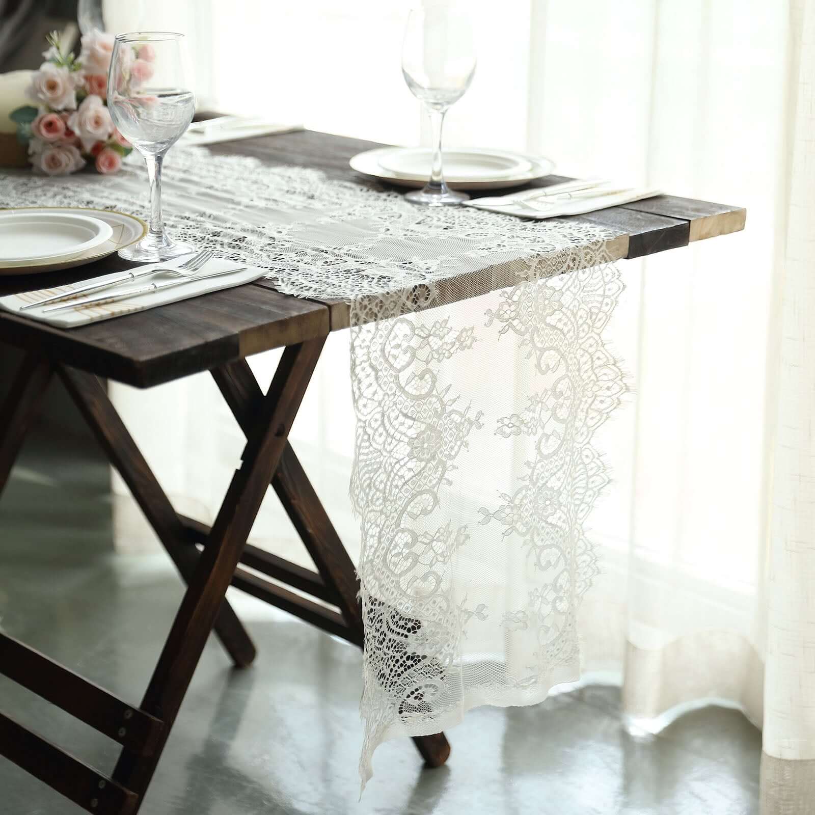 Premium Lace Fabric 15x117 Table Runner Ivory - Scalloped Lace Elegance