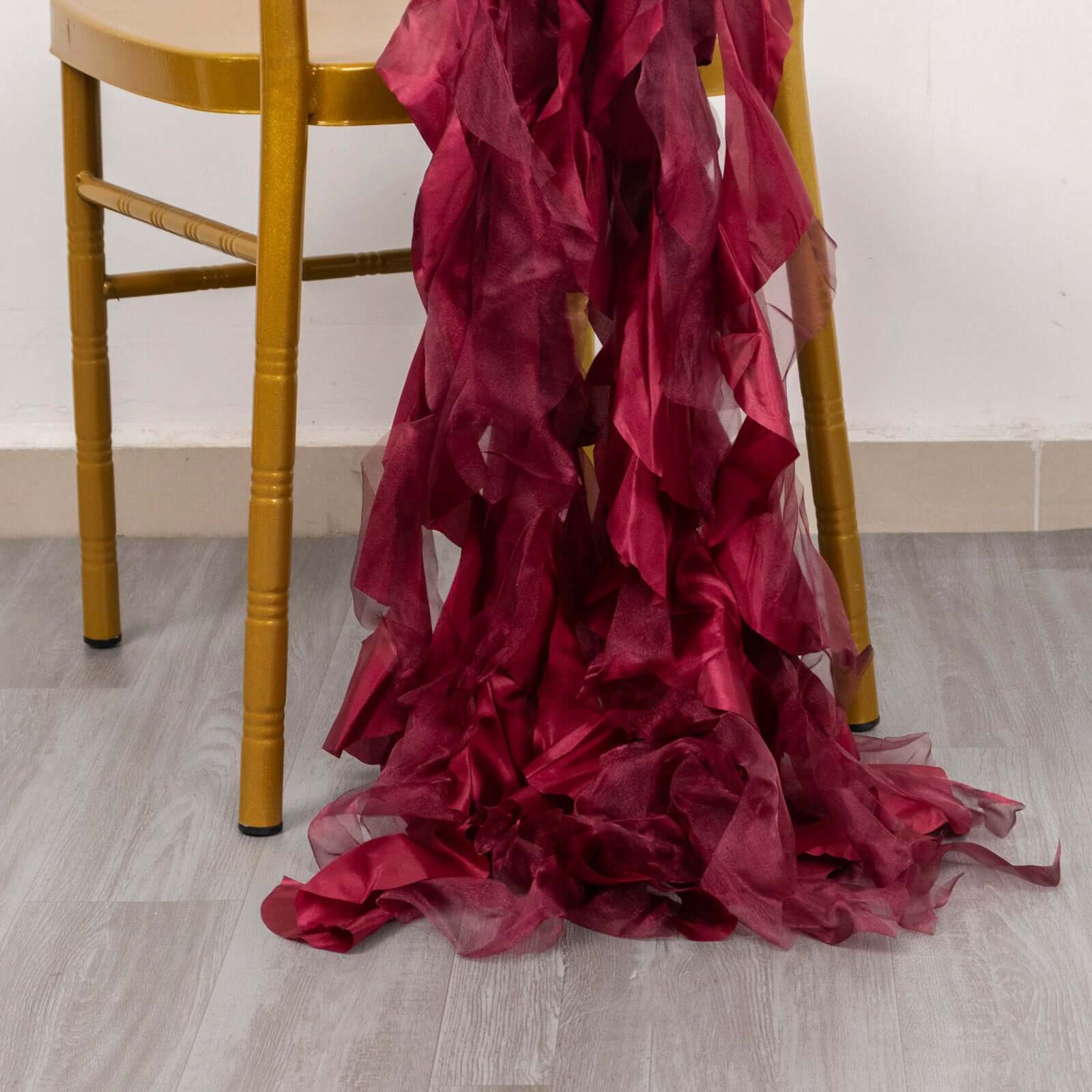 5 Pack Chiffon Satin Chair Sashes Burgundy - Easy to Install Ruffled Curly Willow