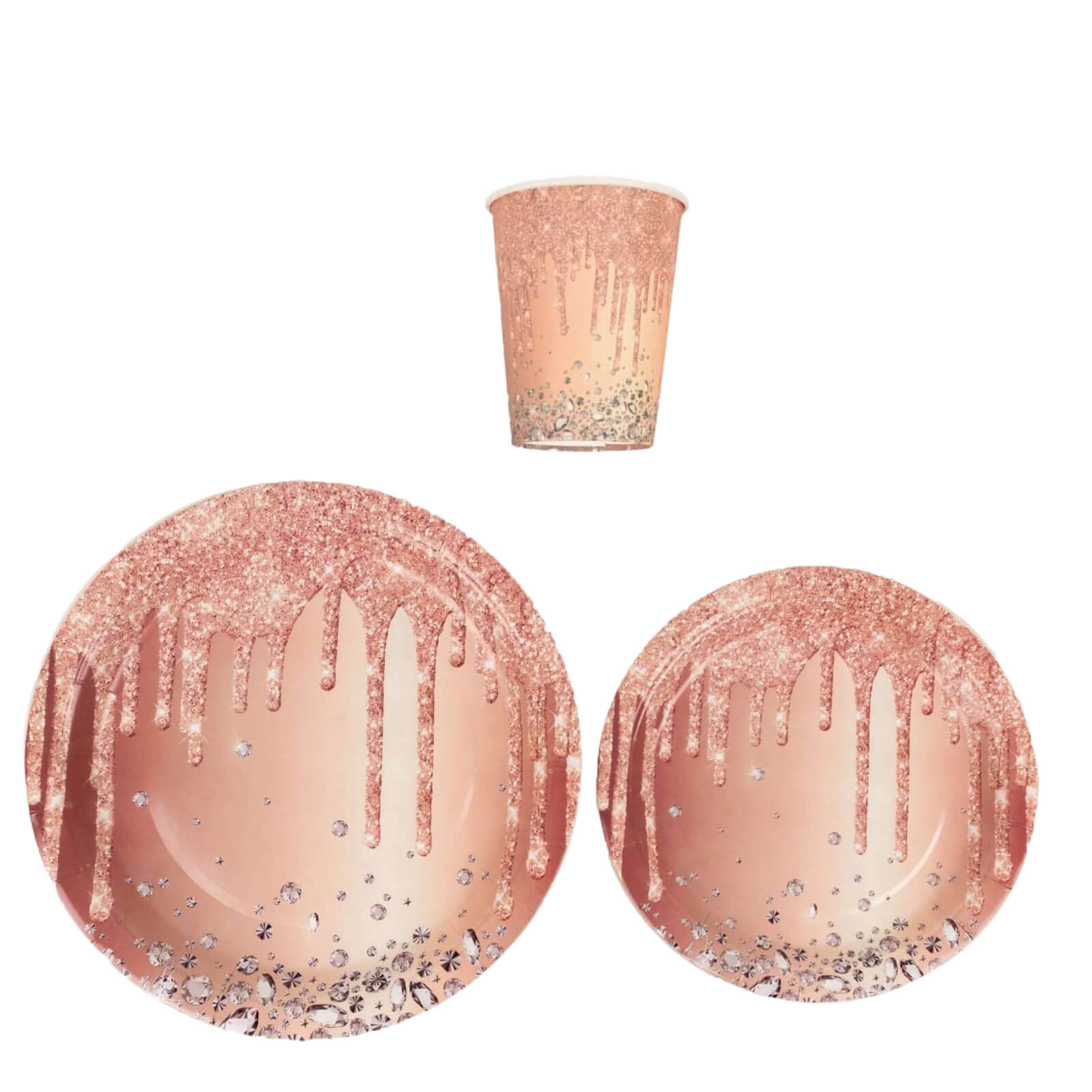 72 Pcs Paper Dinnerware Set with Diamonds Glitter Drip Pattern Rose Gold - Disposable Tableware Combo-Pack with Plates and Cups