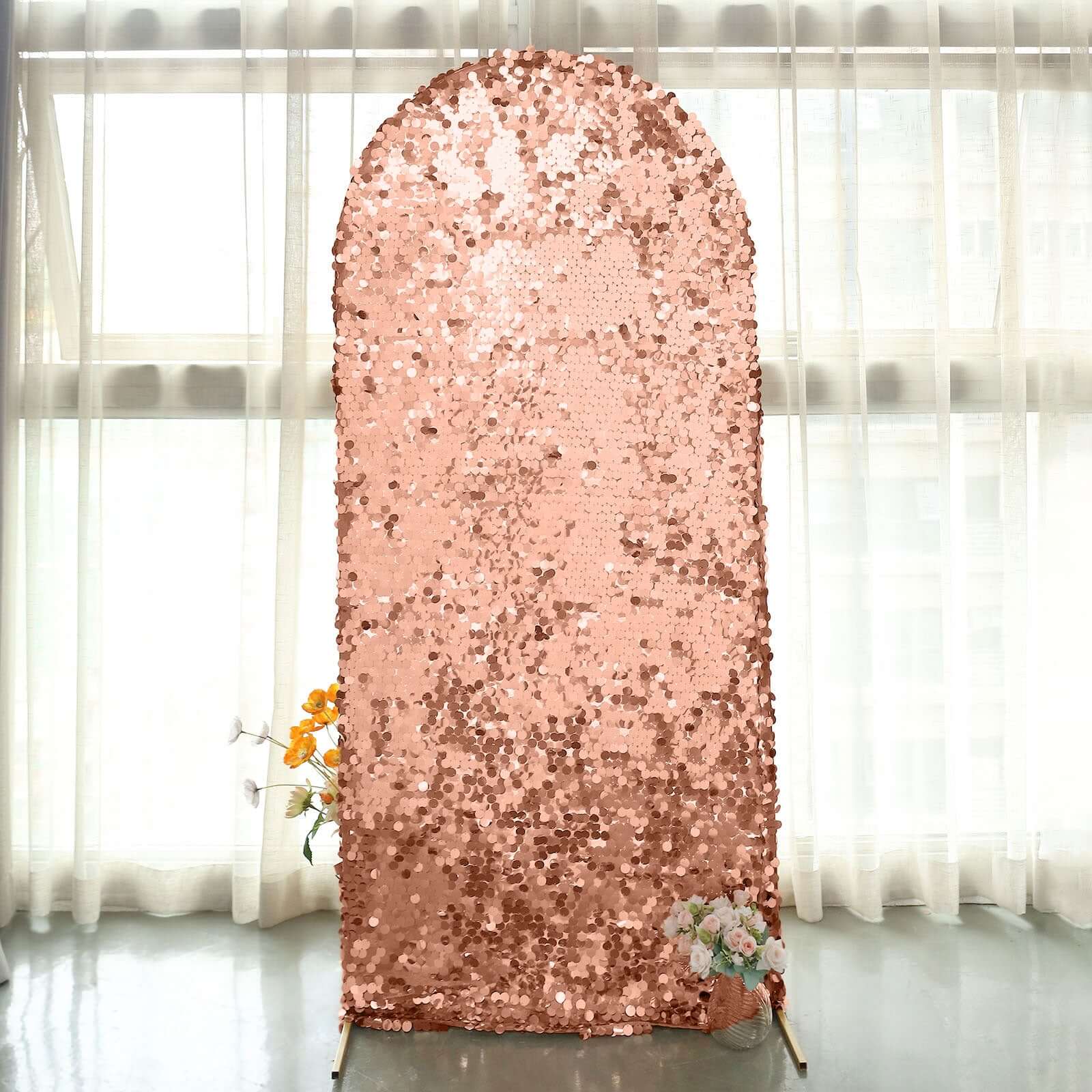 6ft Sparkly Rose Gold Double Sided Big Payette Sequin Chiara Backdrop Stand Cover For Fitted Round Top Wedding Arch